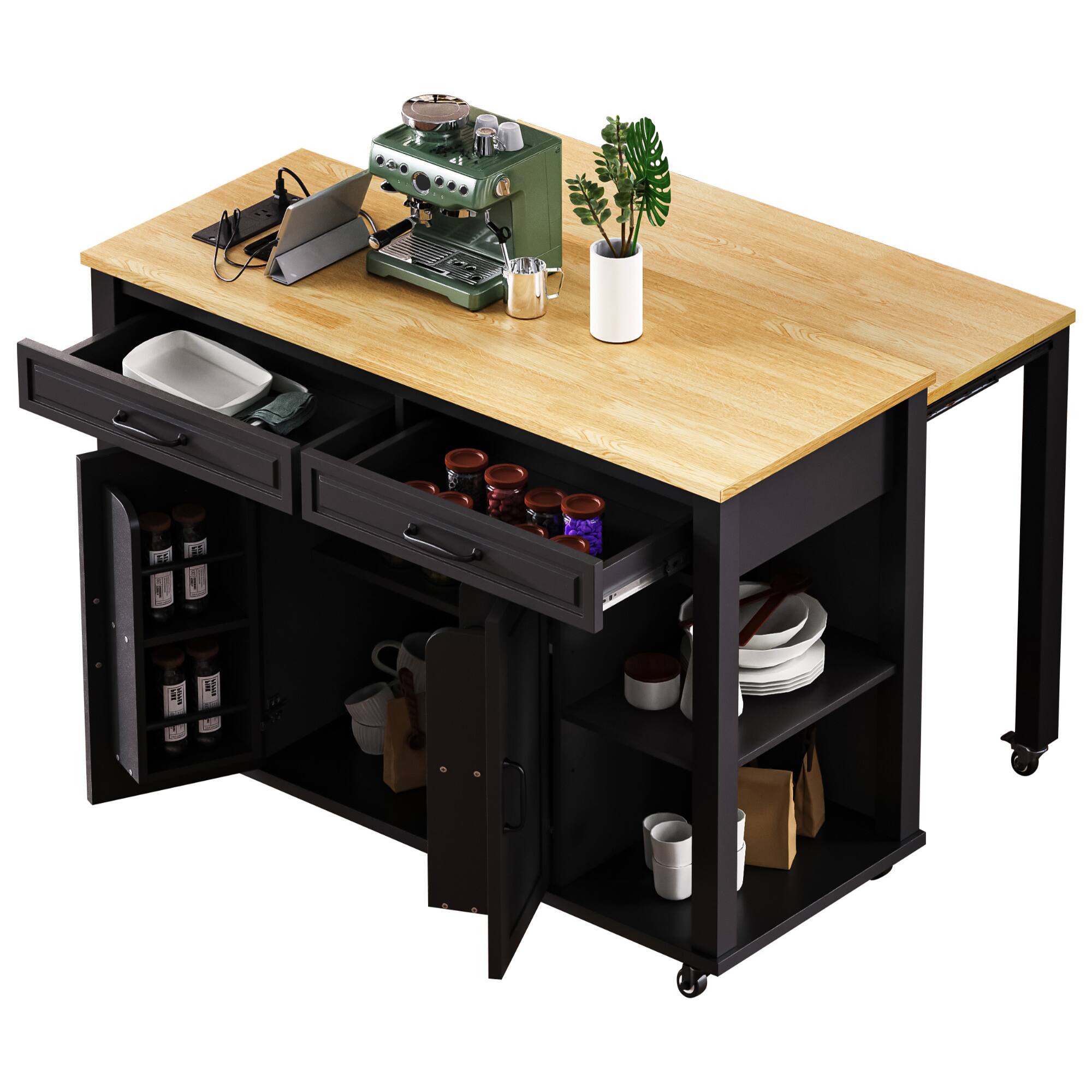 Alt View 1. Forest'nSky - 47 inch Rolling Kitchen Island with Storage, Rubber Wood Veneer Table, Power Outlet, Internal Rack,Black - Black.