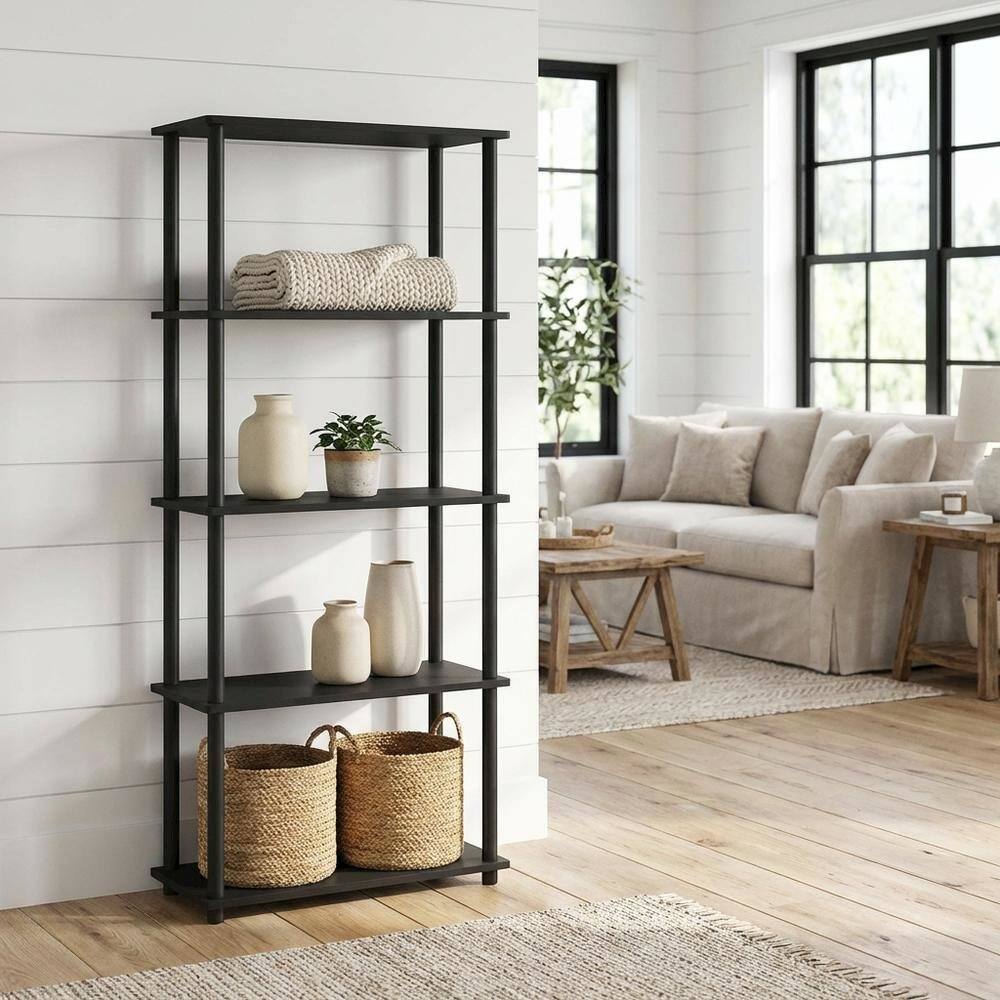 Angle. FurniFact - Engineered Wood Bookcase in Finish with Sturdy Shelving - Americano/Black.