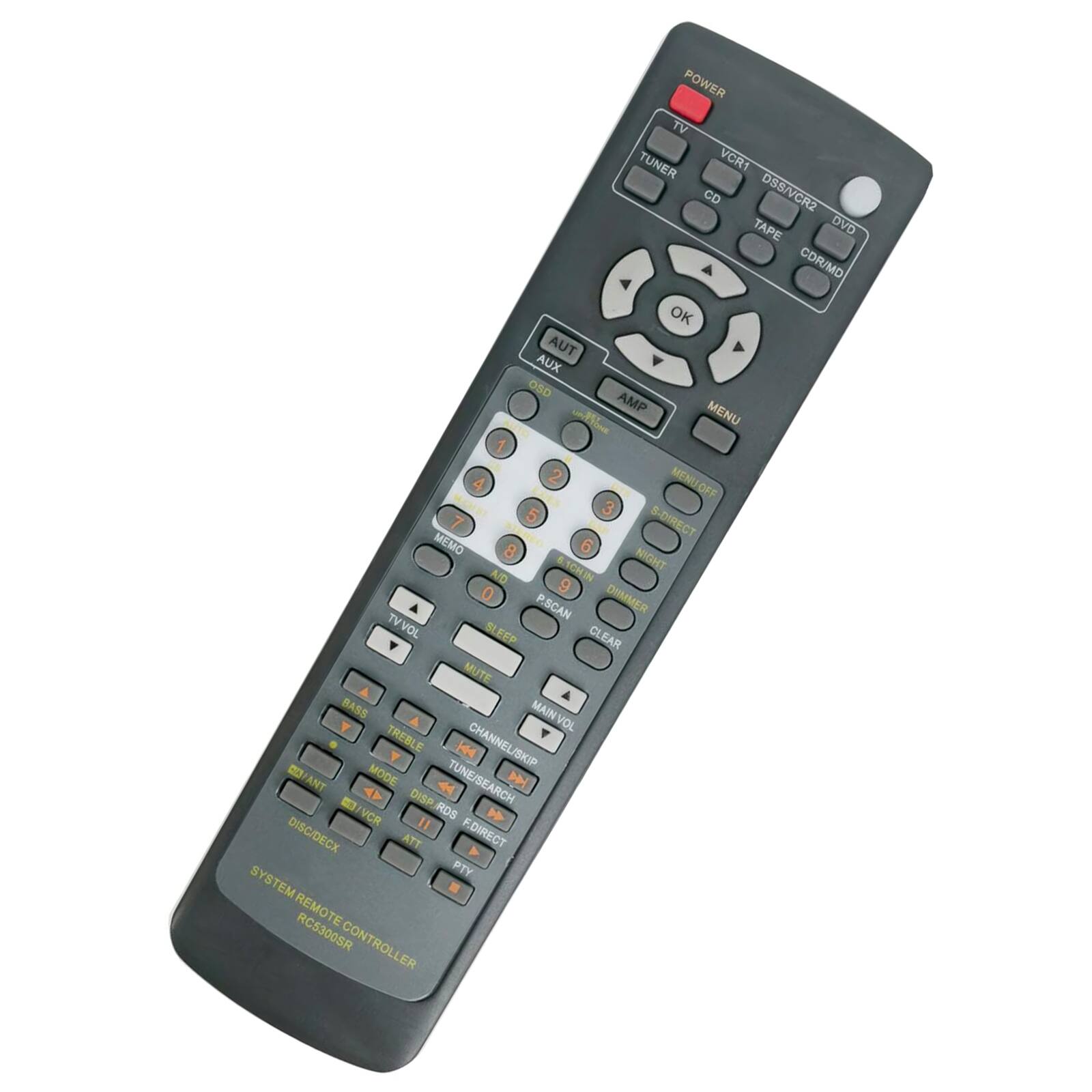 POWER TV TUNER VCR1 CD DSS/VCR2 TAPE OVD CDR/MD OK AUT AUX OSD AMP MENU wnftina 1 A 2 MENULOFF es 3 5 S-DIRECT MEMO aEO 8 THDIM AID &ICHIN 0 9 P.SCAN DOMMER TVVOL SL SLEEP CLEAR MUTE A BASS MAIN VOL TREBLE HH CHANNEL/SKIP T EOYANT ANT MODE TUNE/SEARCH - DISP VCR RDS 11 DISC/DECX ATT F.DIRECT SYS PTY SYSTEM TEM REMOTE RC5300SR CONTROLLER

- POWER
- TV TUNER
- VCR1
- CD
- DSS/VCR2
- TAPE
- OVD
- CDR/MD
- OK
- AUT
- AUX
- OSD
- AMP
- MENU
- wnftina
- 1 A
- 2 MENULOFF es
- 3 5 S-DIRECT MEMO aEO
- 8 THDIM AID &ICHIN
- 0 9 P.SCAN DOMMER
- TVVOL
- SL
- SLEEP
-
