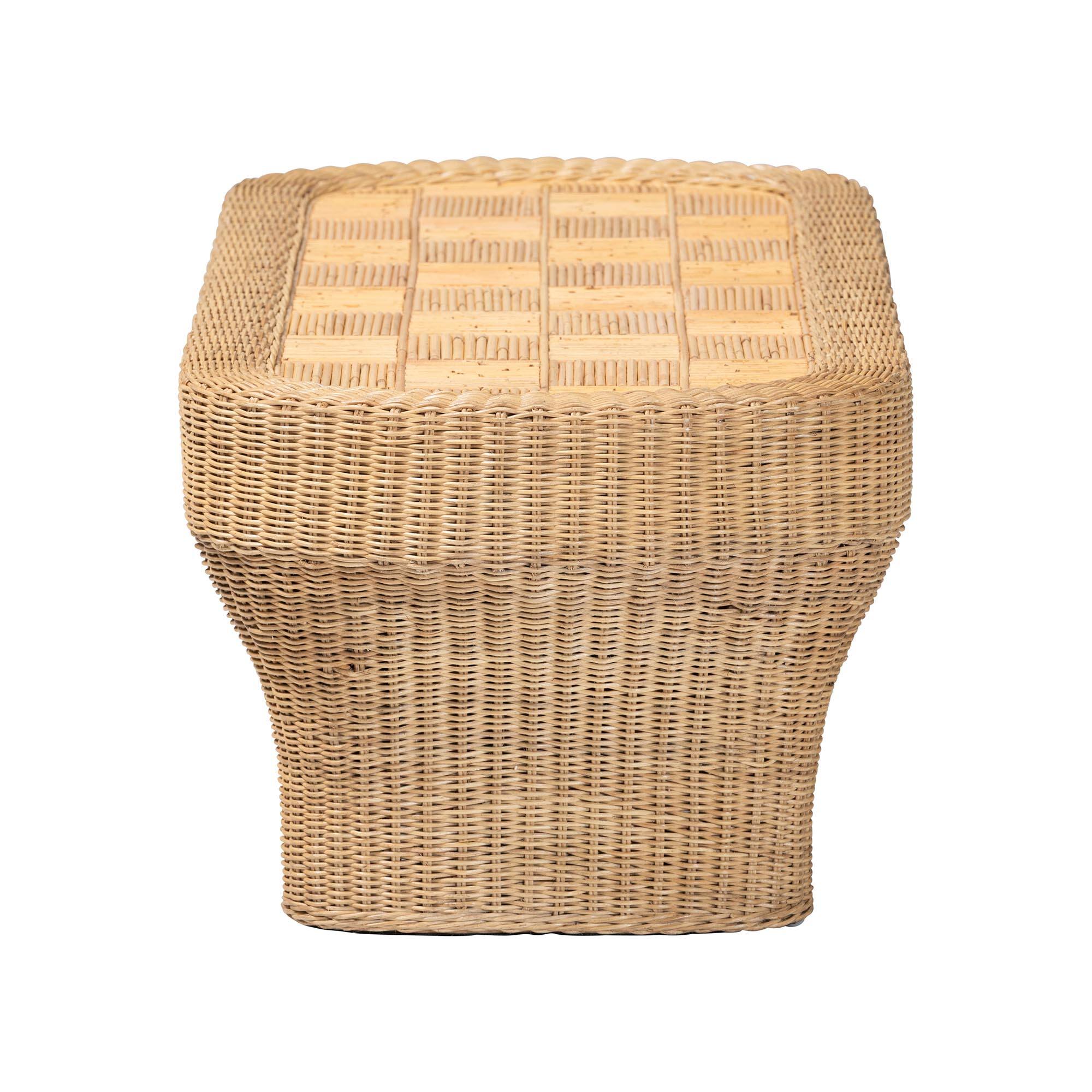 Left. bali & pari - Canika Natural Rattan Coffee Table - Handwoven Wicker Accent Table with Checkered Tabletop and Waterfall Base - Natural Rattan.