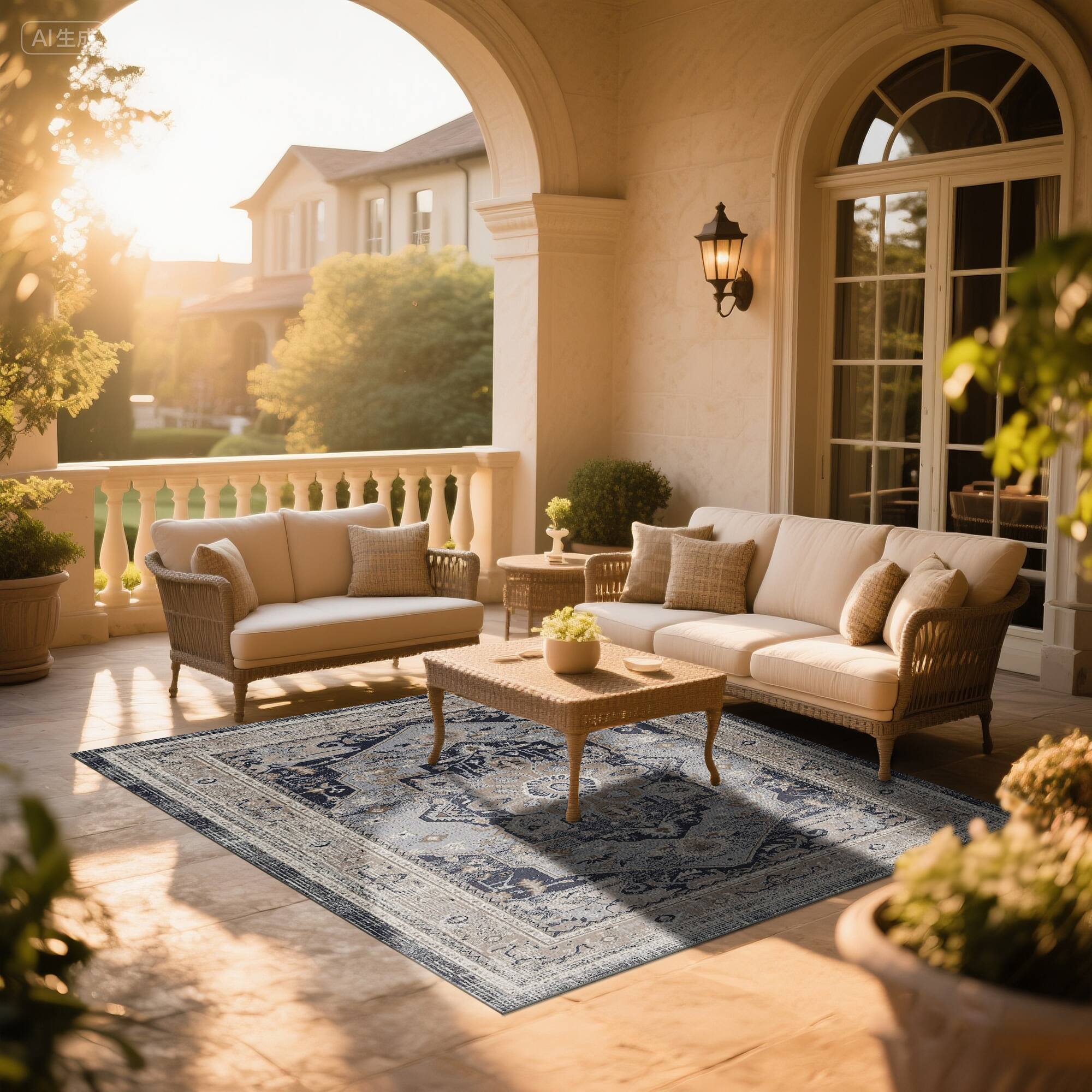 Back. Ihomeadore - 7FT x 5FT Vintage Bohemia Cotton Area Rug with Non-Slip TPR Backing for Indoor Living Room and Entryway - Blue.