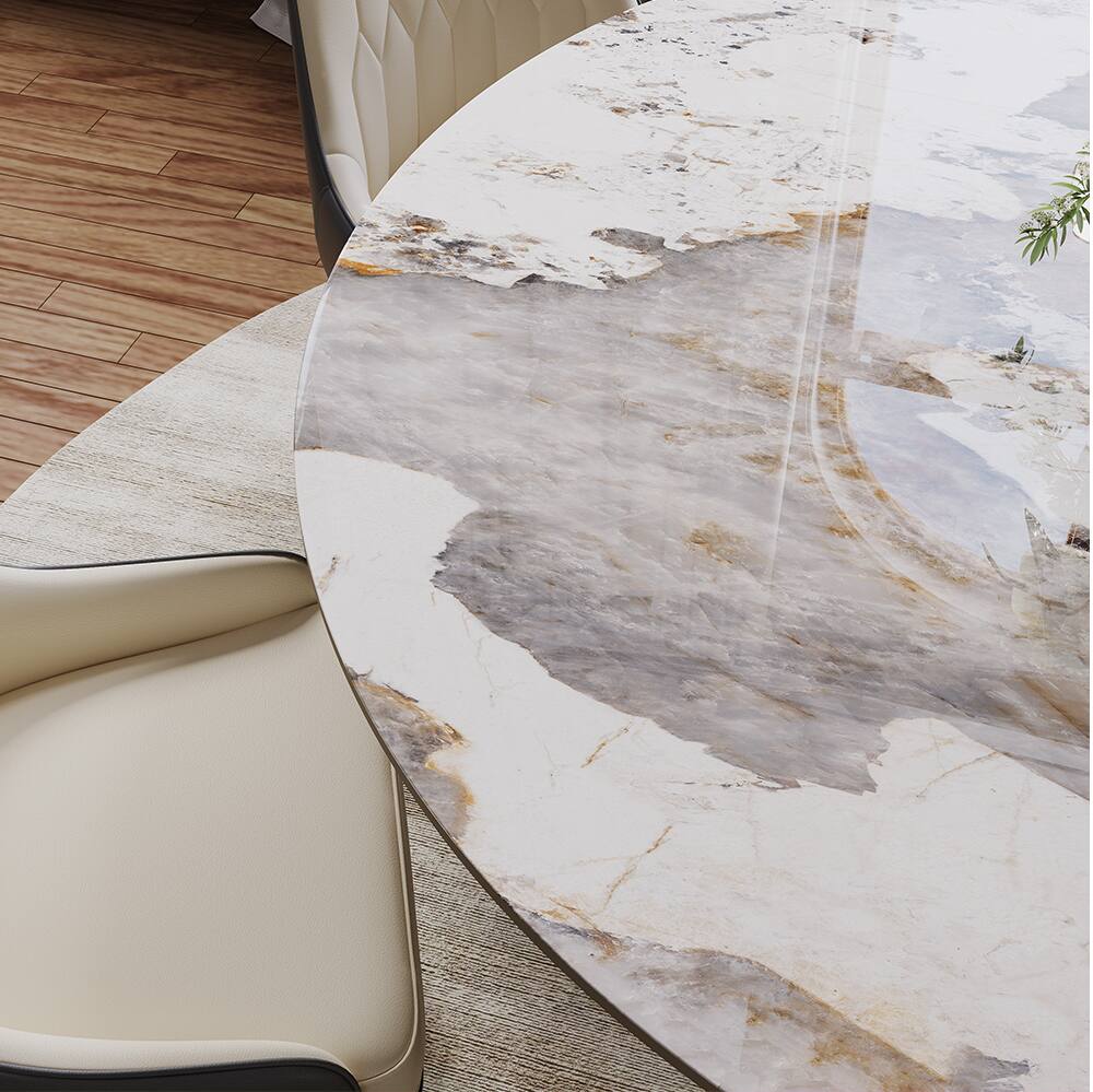 Back. POVISON - 51" Round Dining Table Pandora Glossy Sintered Stone with Gray U-shaped Steel Base - Pandora with Gray.
