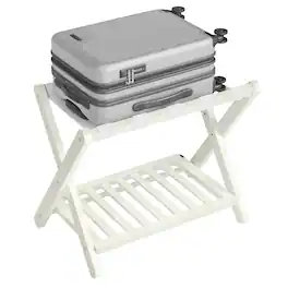 Songmics Home - Solid Wood Luggage Rack, No Assembly Required, Foldable Suitcase Stand, Luggage Holder, with Storage Shelf - Cream White