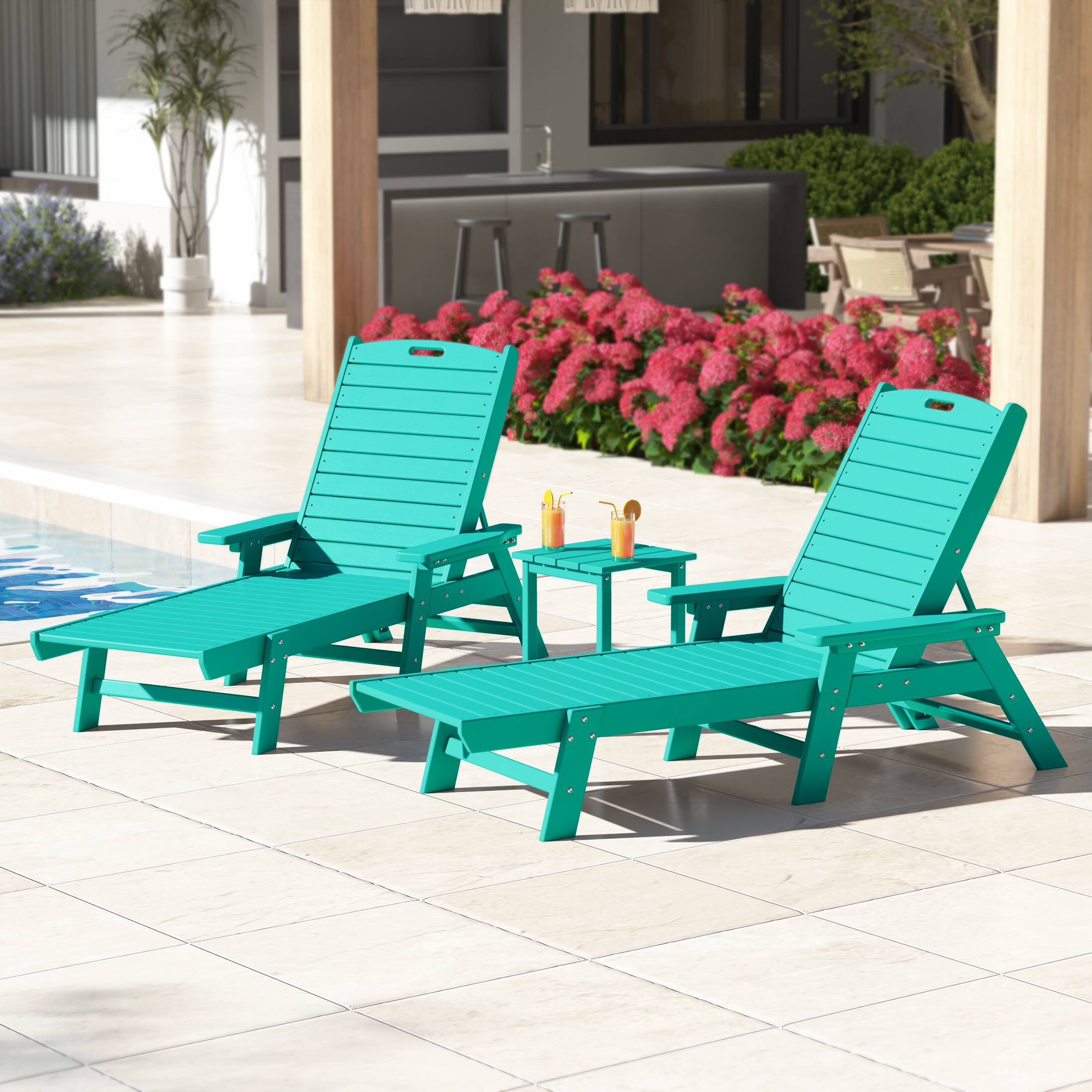 Angle. WestinTrends - WestinTrends Malibu 3 piece Set Poly Adirondack Outdoor Chaise Lounges with Side Table - Turquoise.