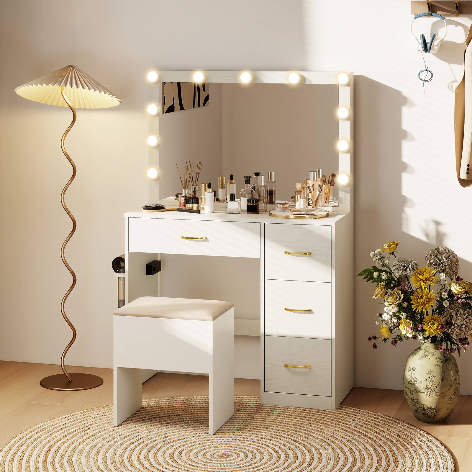 Alt View 4. Gymax - Gymax Vanity Desk with Mirror & Lights Dressing Table w/ Storage Stool Makeup Table - White.