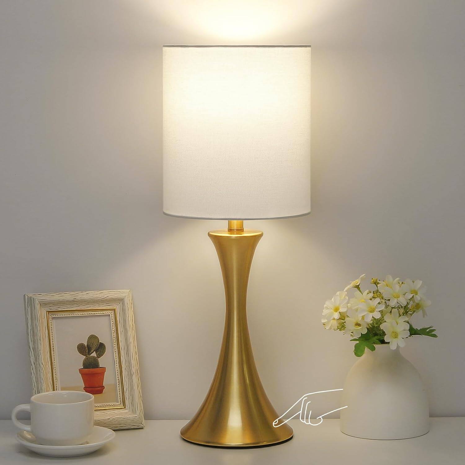 FINEAK - Modern Dimmable Touch Control Bedside Lamp with LED Bulb - Gold Base with White Shade