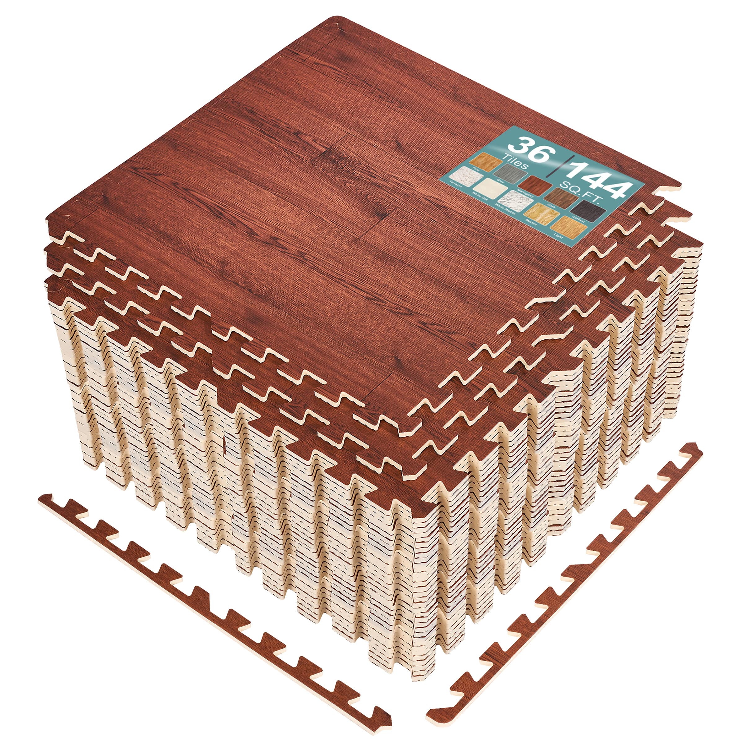 Sorbus - 144 Sq. Ft. Wood Grain Floor Tiles Foam Mat EVA Interlocking Mats Tile 3/8-Inch Thick Flooring Mats w/Borders - Light Mahogany