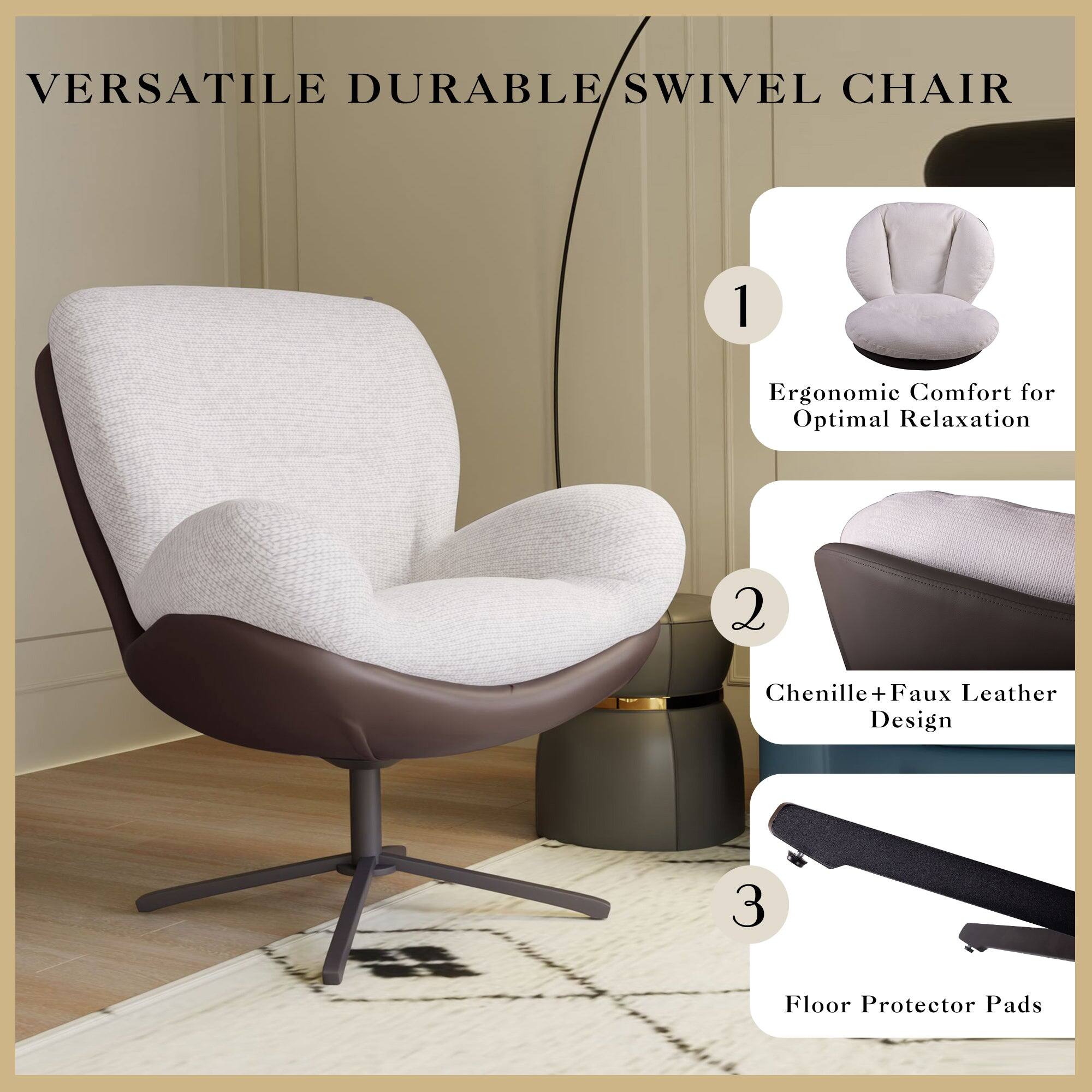 VERSATILE DURABLE SWIVEL CHAIR

1. Ergonomic Comfort for Optimal Relaxation

2. Chenille + Faux Leather Design

3. Floor Protector Pads