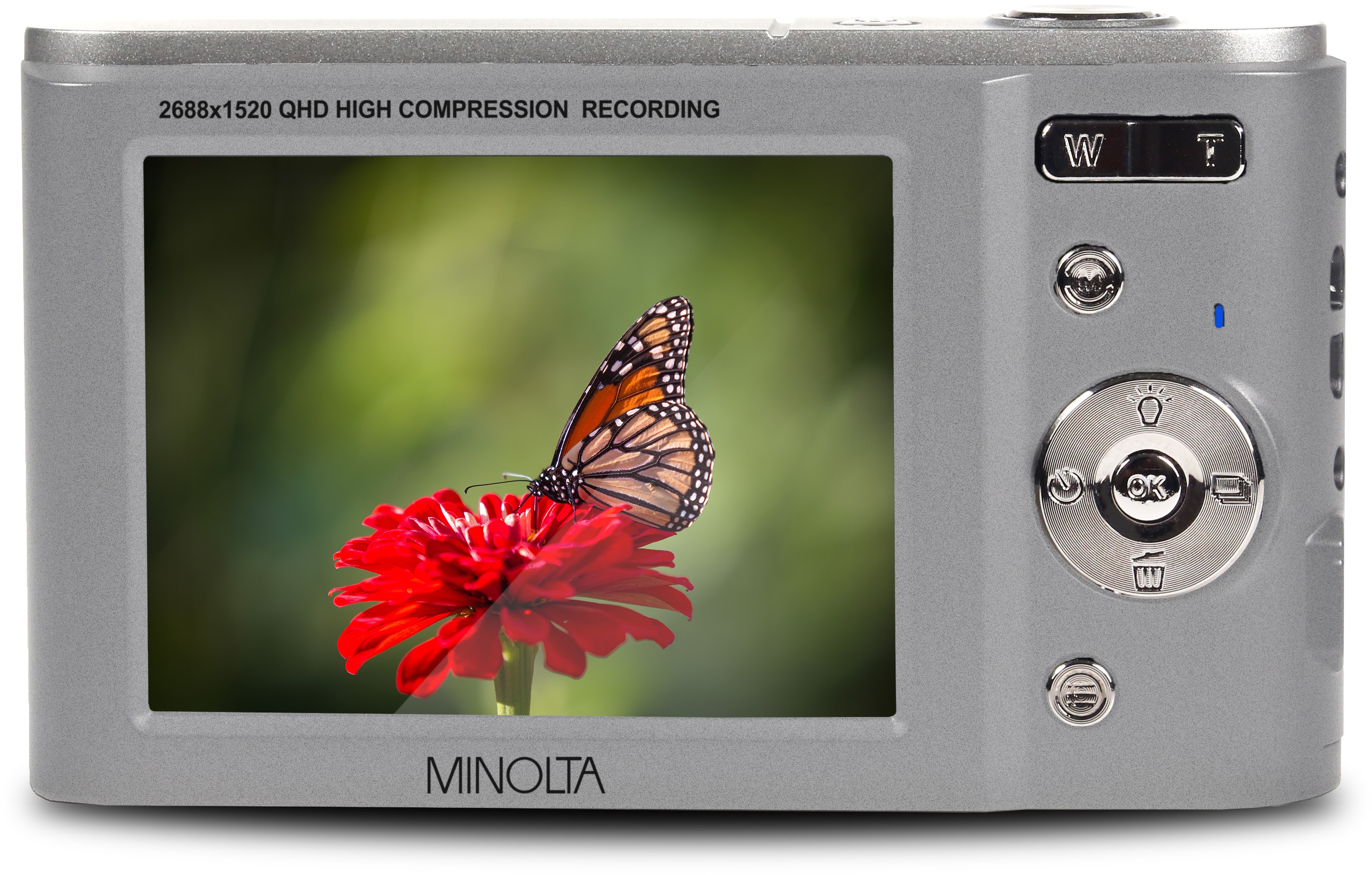 The text on the image reads: "2688x1520 QHD HIGH COMPRESSION RECORDING W/T 0 OK W MINOLTA."
