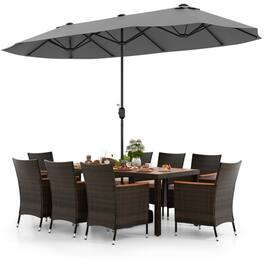 Mondawe - 10 Piece Outdoor Dining Set with 15 Feet Double-Sided Twin Patio Umbrella - Gray
