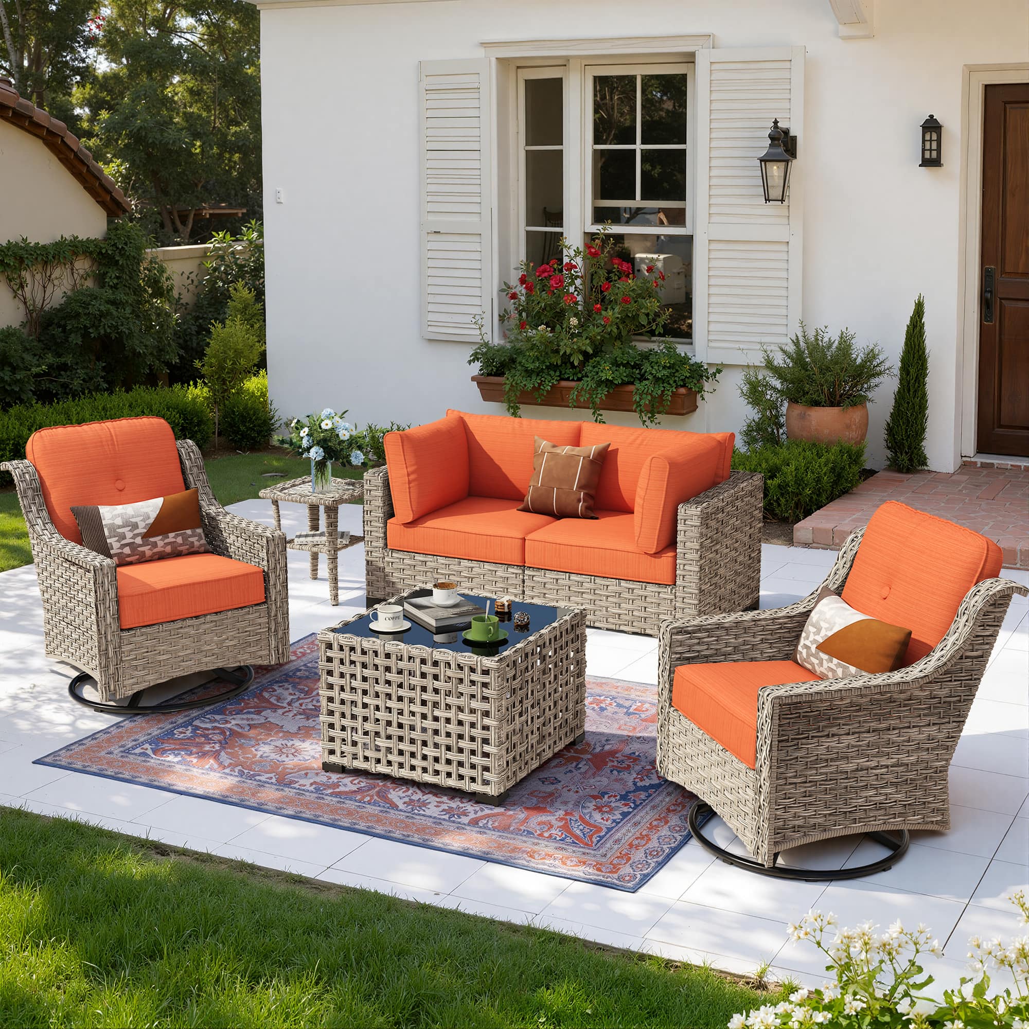 Ovios - 6 PCS Patio Furniture Sectional Sofa Set Swivel Rocking Chair with Coffee Table & Side Table - Orange Red
