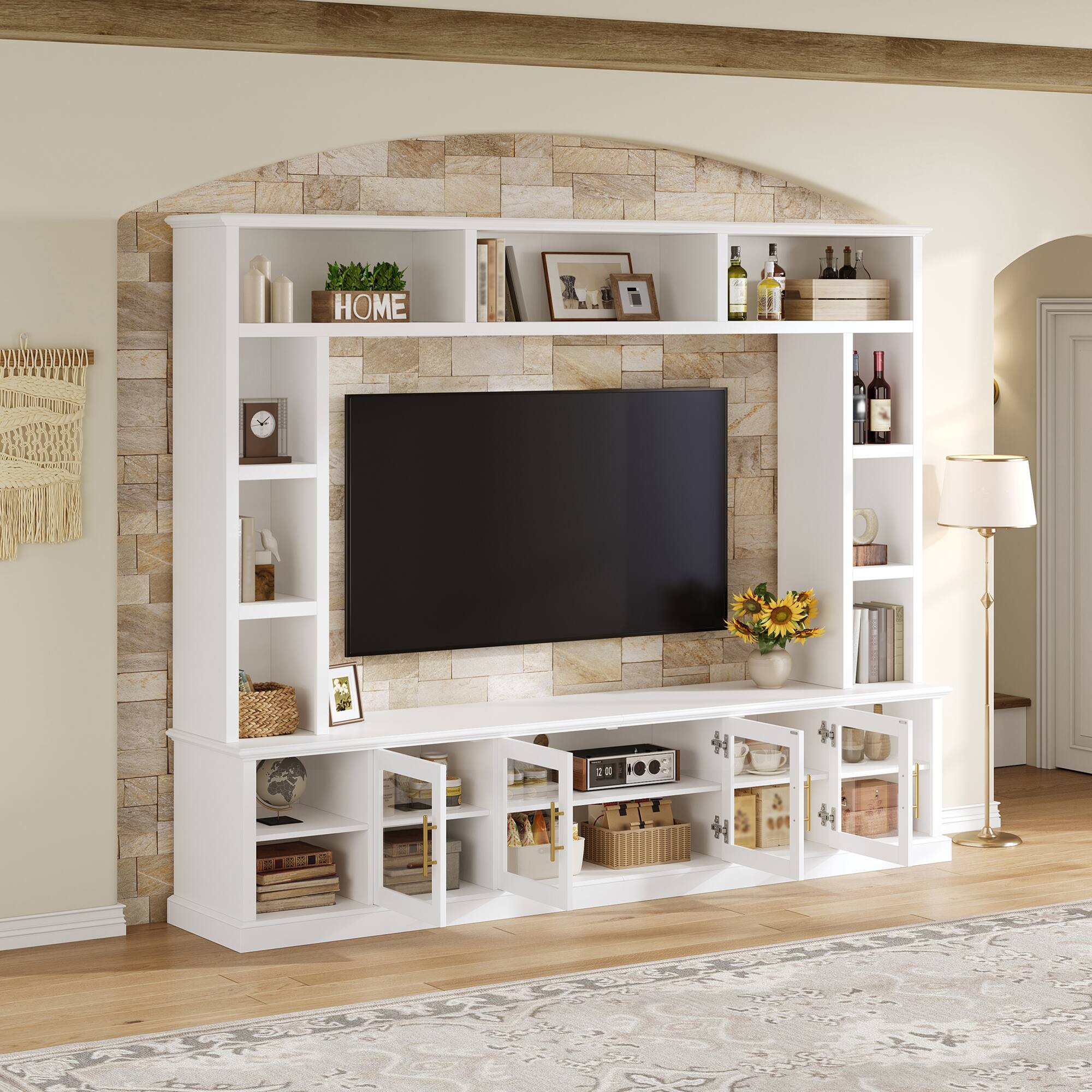 Left. Whisen - All-in-One Entertainment Center Wall Unit for TVs up to 80-Inch,TV Stand with Storage Shelves and Tempered Glass Doors - White.