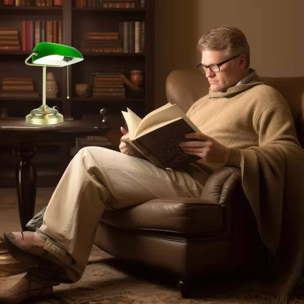 Back. Hivvago - Classic Brass Bankers Lamp Desk Light Table Lamp with Green Glass Shade - Green, Brass.