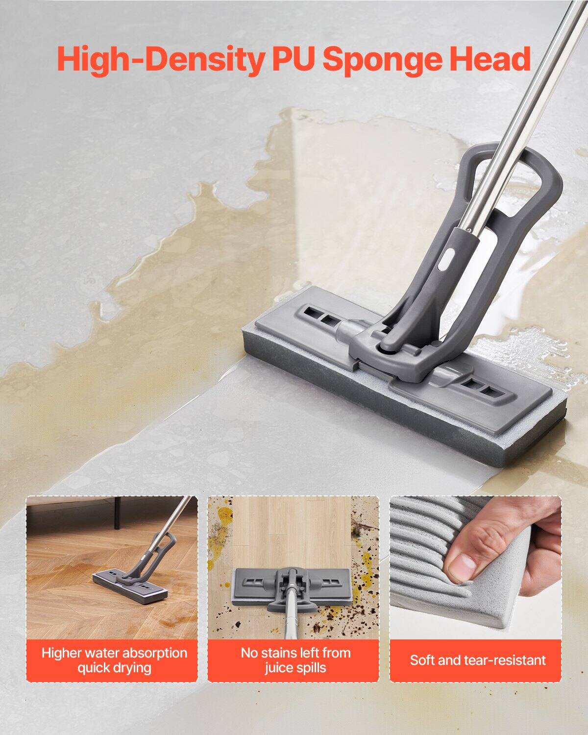 High-Density PU Sponge Head

- Higher water absorption, quick drying
- No stains left from juice spills
- Soft and tear-resistant