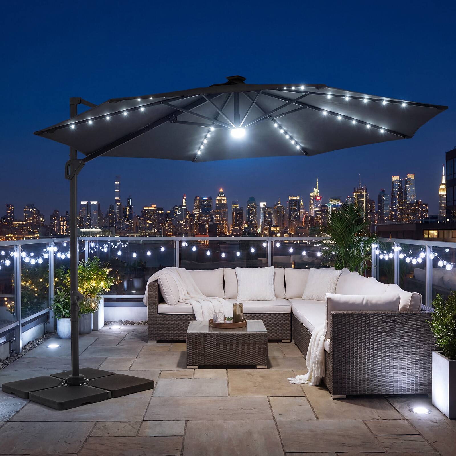 Alt View 3. Costway - Costway 10 FT Cantilever Patio Umbrella with Solar LED Lights, 360° Rotation, Easy Tilt - Gray.