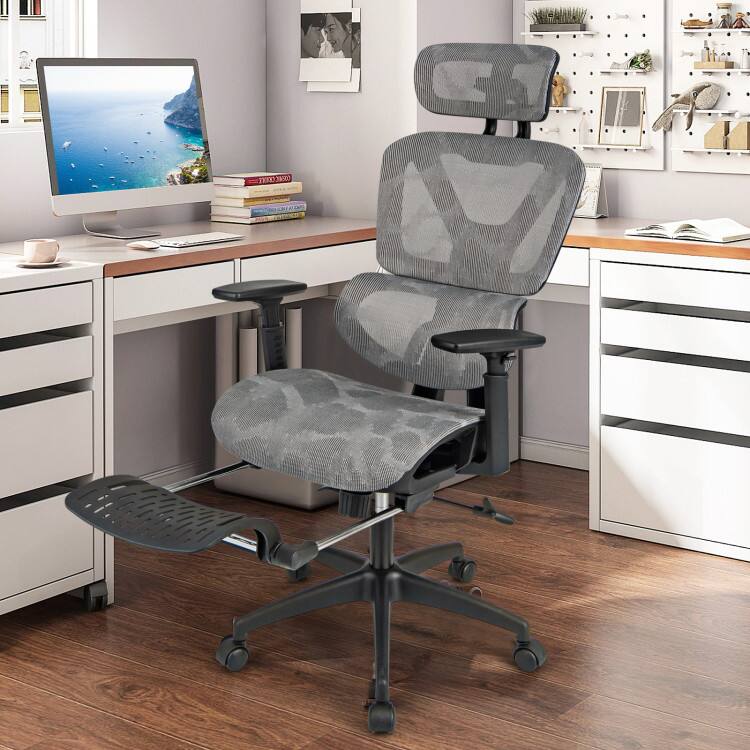 Left. SlickBlue - Mesh Ergonomic Office Chair with Tilt Function and Extendable Footrest - Grey.