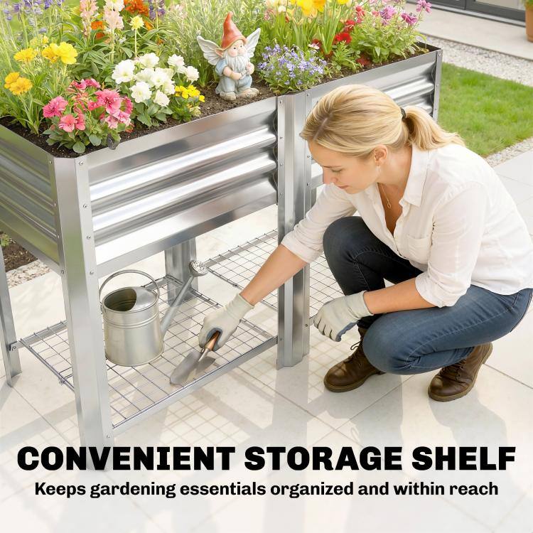 CONVENIENT STORAGE SHELF  
Keeps gardening essentials organized and within reach