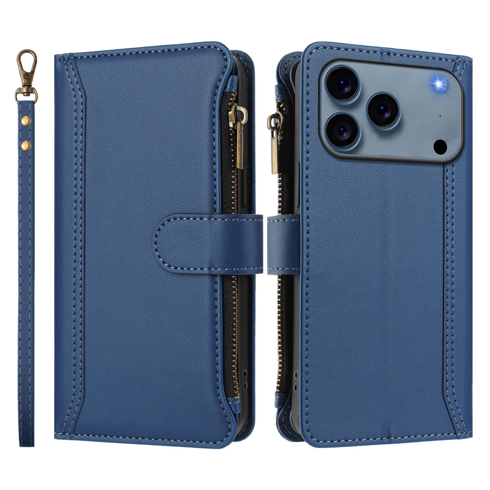 Angle. UUCOVER - Wallet Case for Apple iPhone 17 Pro Max with Zipper Pocket, Cash Card Slots, Wrist and Shoulder Strap, Flip Stand Cover - Darkblue.
