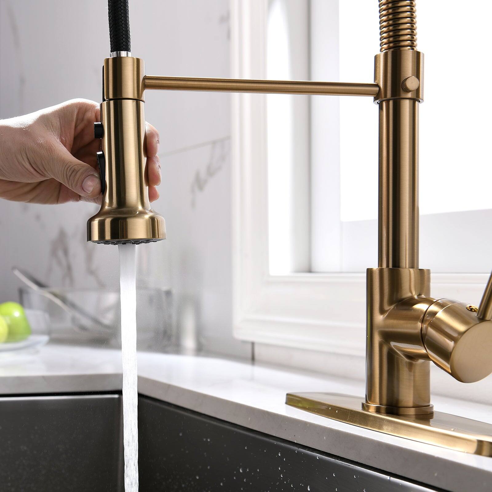 Alt View 10. Boyel Living - Contemporary Single Handle Gooseneck Pull Down Sprayer Kitchen Faucet Brushed Gold - Brushed Gold.