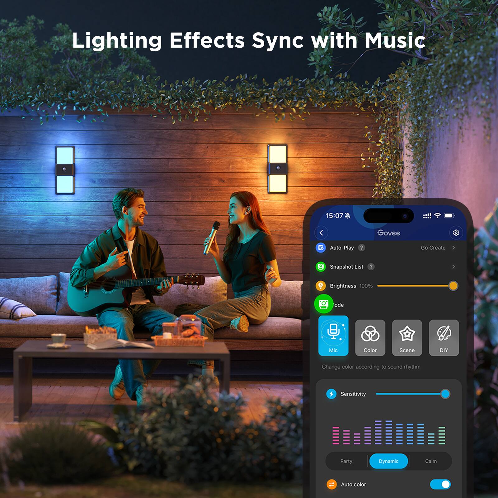 Lighting Effects Sync with Music 15:07 < Govee Auto-Play 7 Go Create 2 Snapshot List 1 S Brightness 100% ode Mic Color Scene DIY Change color according to sound rhythm + Sensitivity Party Dynamic Calm Auto color