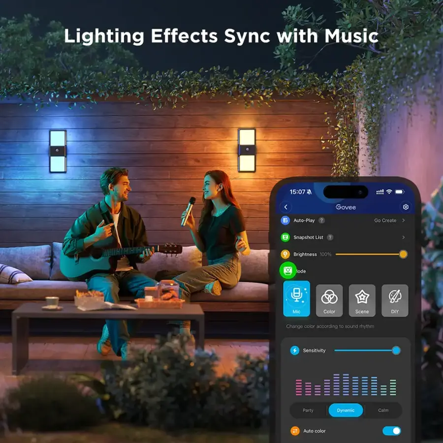 Lighting Effects Sync with Music 15:07 < Govee Auto-Play 7 Go Create 2 Snapshot List 1 S Brightness 100% ode Mic Color Scene DIY Change color according to sound rhythm + Sensitivity Party Dynamic Calm Auto color
