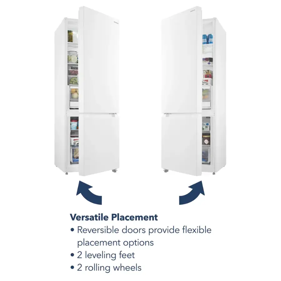 Versatile Placement: Reversible doors provide flexible placement options. 2 leveling feet. 2 rolling wheels.