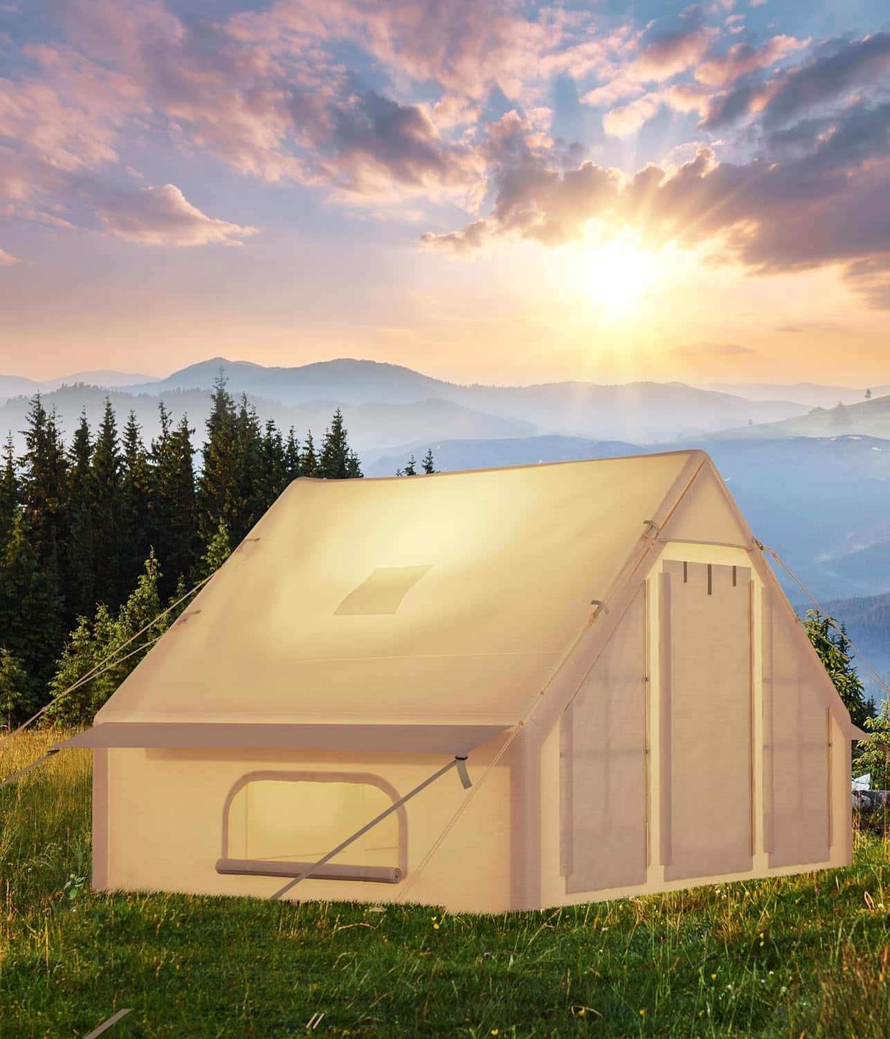 Homhougo - Inflatable 2-4 Person Camping Tent with Air Pump – Luxury Quick-Setup 4-Season Waterproof & Windproof Outdoor Gazebo - ‎Khaki