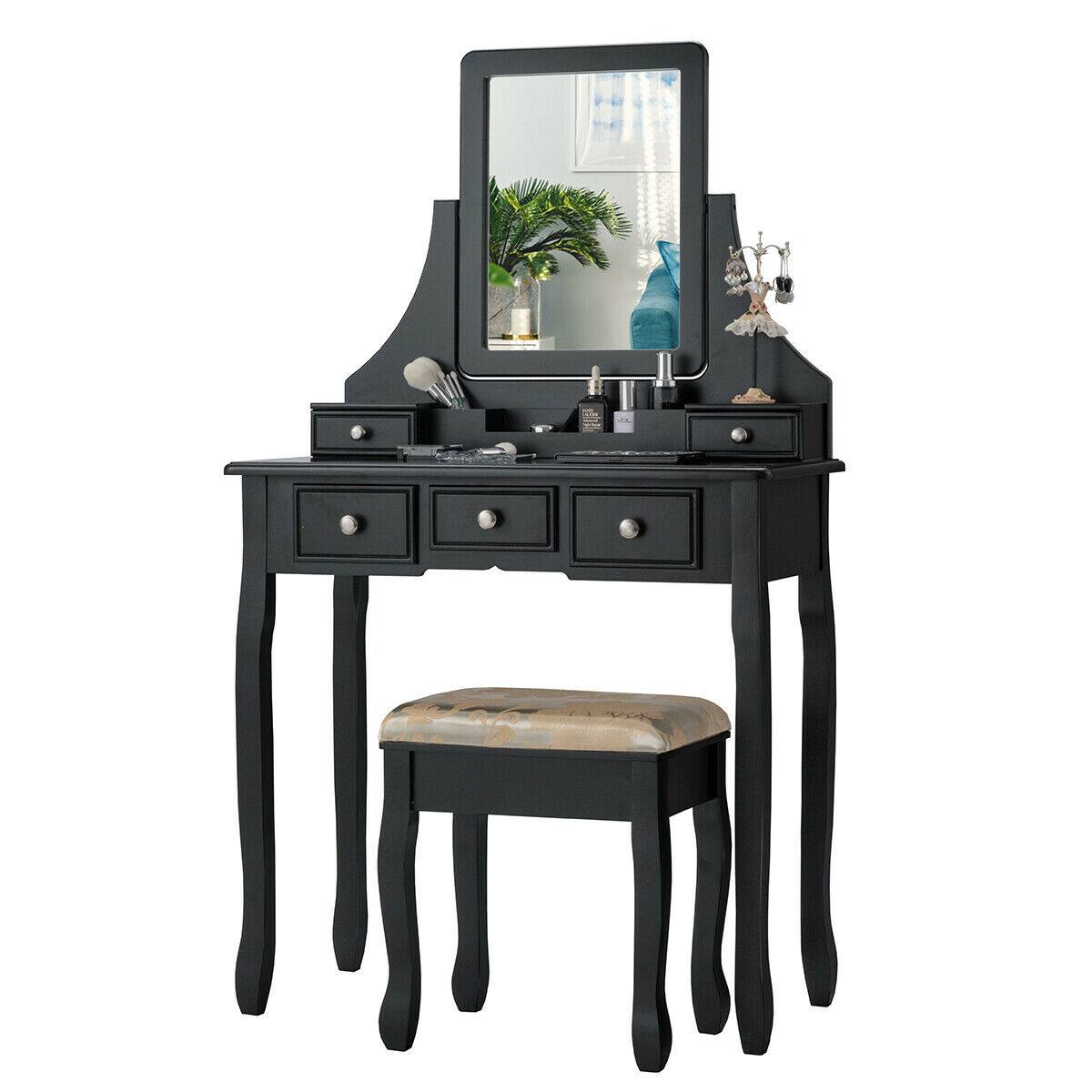 Alt View 1. Gymax - Gymax Vanity Set Makeup Dressing Table & Stool w/5 Drawers Black - Black.