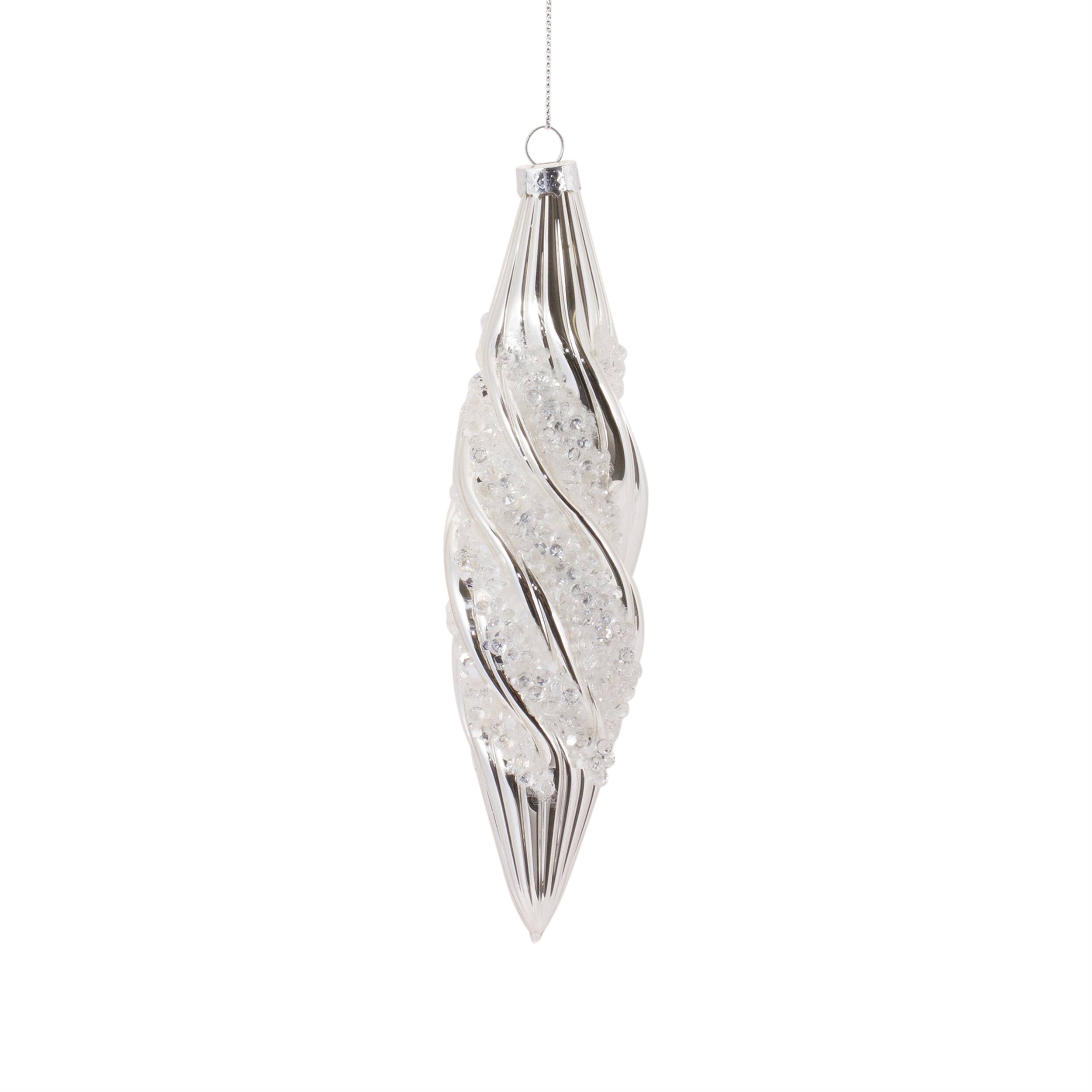 Left. BreeBe - Beaded Glass Swirl Ornament (Set of 6) - Silver, White.