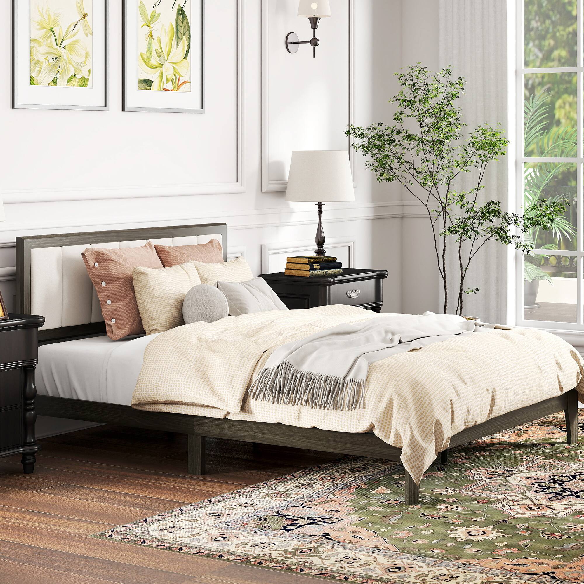 Alt View 8. Homcom - Queen Upholstered Platform Bed Frame: Wood Slats No Box Spring Fast Setup - Charcoal Gray.