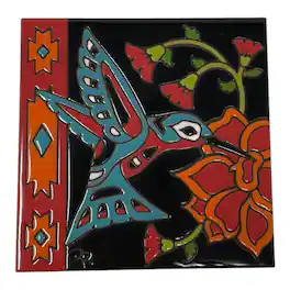 Earthtones Tile - Earthtones Southwest Hummingbird with Flower 6X6 Colorful Hand Glazed Decorative Tile - Multicolor