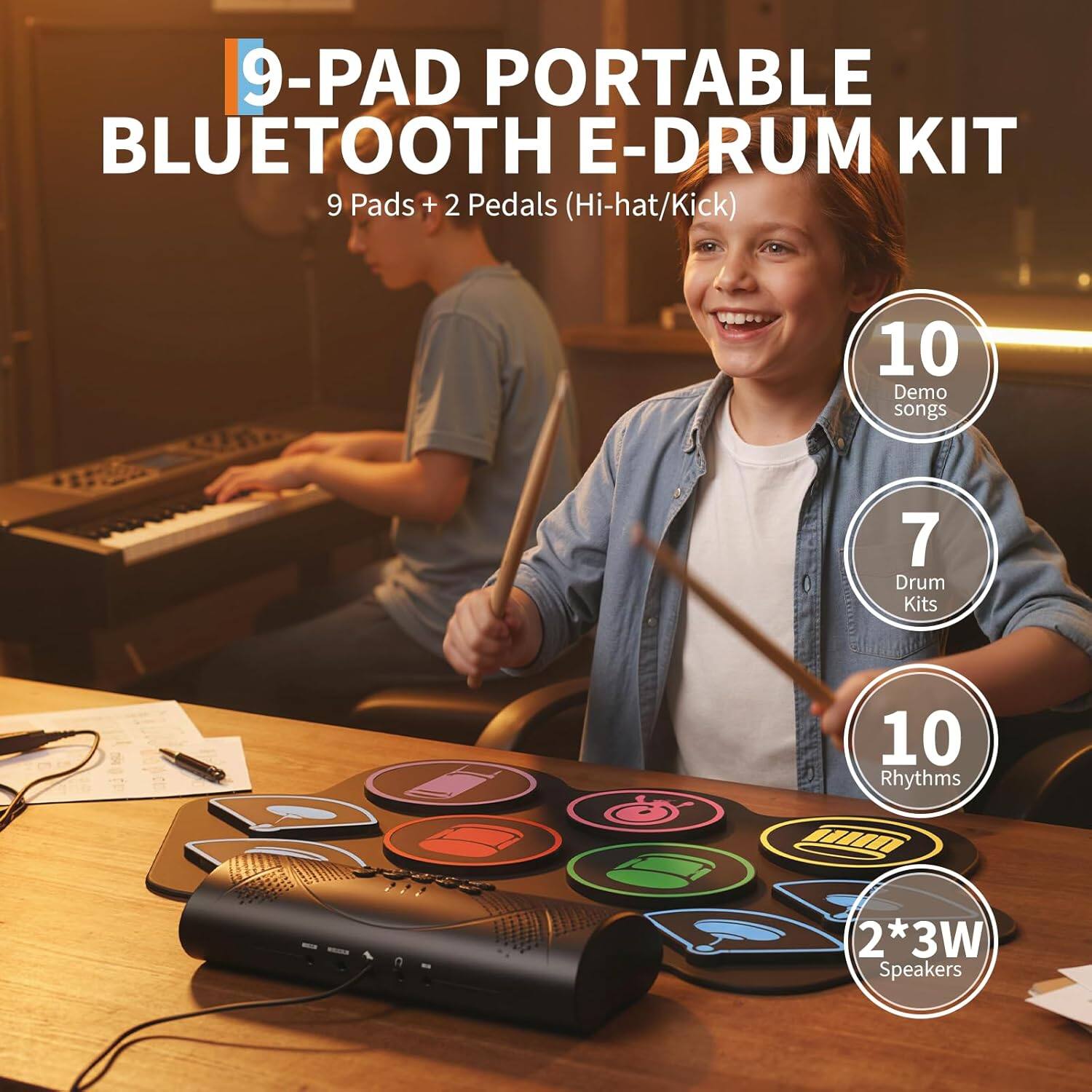 9-Pad Portable Bluetooth E-Drum Kit  
9 Pads + 2 Pedals (Hi-hat/Kick)  
10 Demo Songs  
7 Drum Kits  
10 Rhythms  
2*3W Speakers