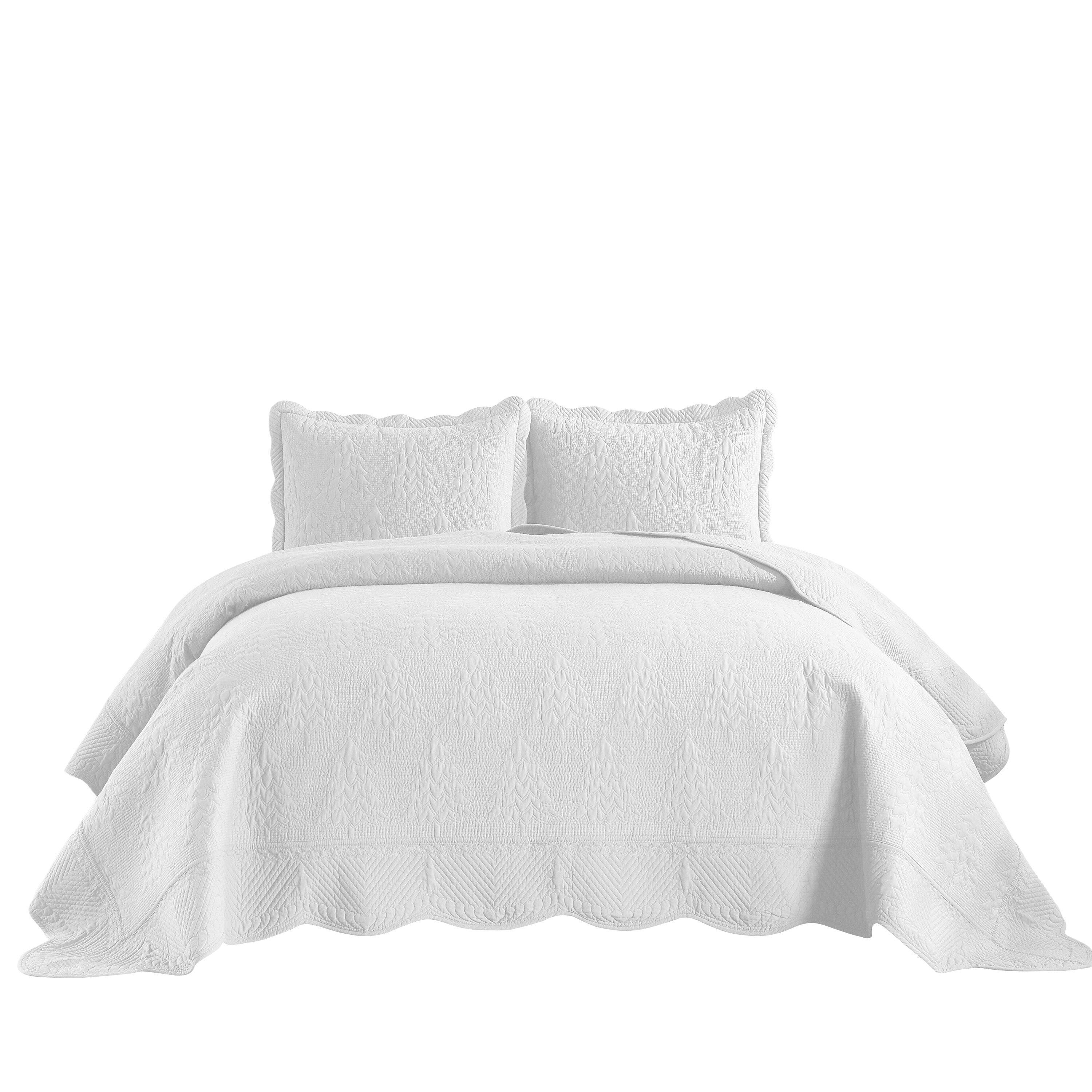Back. MarCielo - Marcielo 3 Piece 100% Cotton Christmas Tree Bedspread Set Coverlet Set Lightweight Quilt Set - White.
