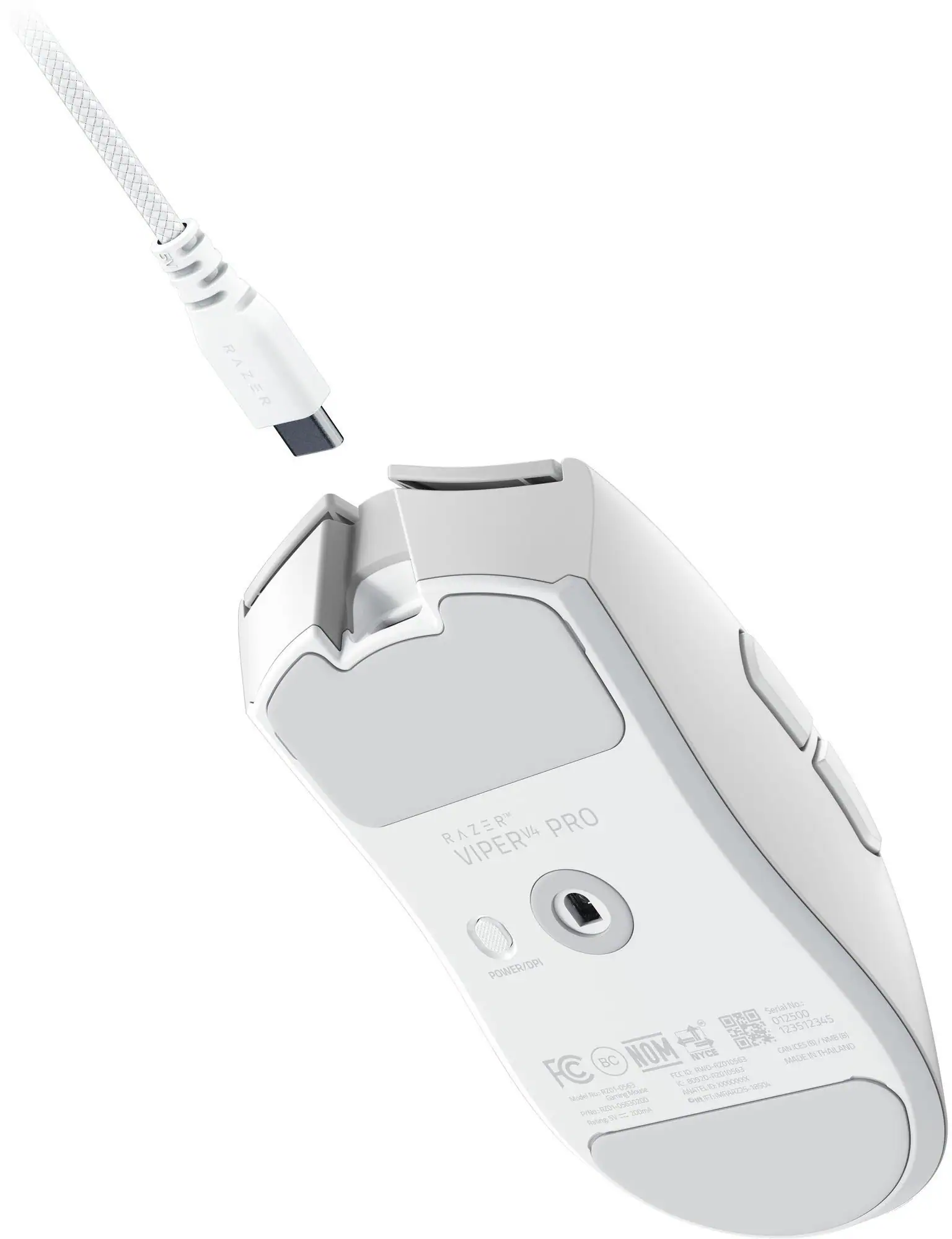 RAZER RAZER "PRO VIPERV4 PRO"  
Serval No. 012500 123512345  
1M6 30 CH  
En THAILAND  
FC BC NOM - NYCE - CE MACL I VLD 0-RESAL EWO-ER 1000 - NAL 02000X 10M0  
Mole % CammAna  
(GG20 20A D - gnour