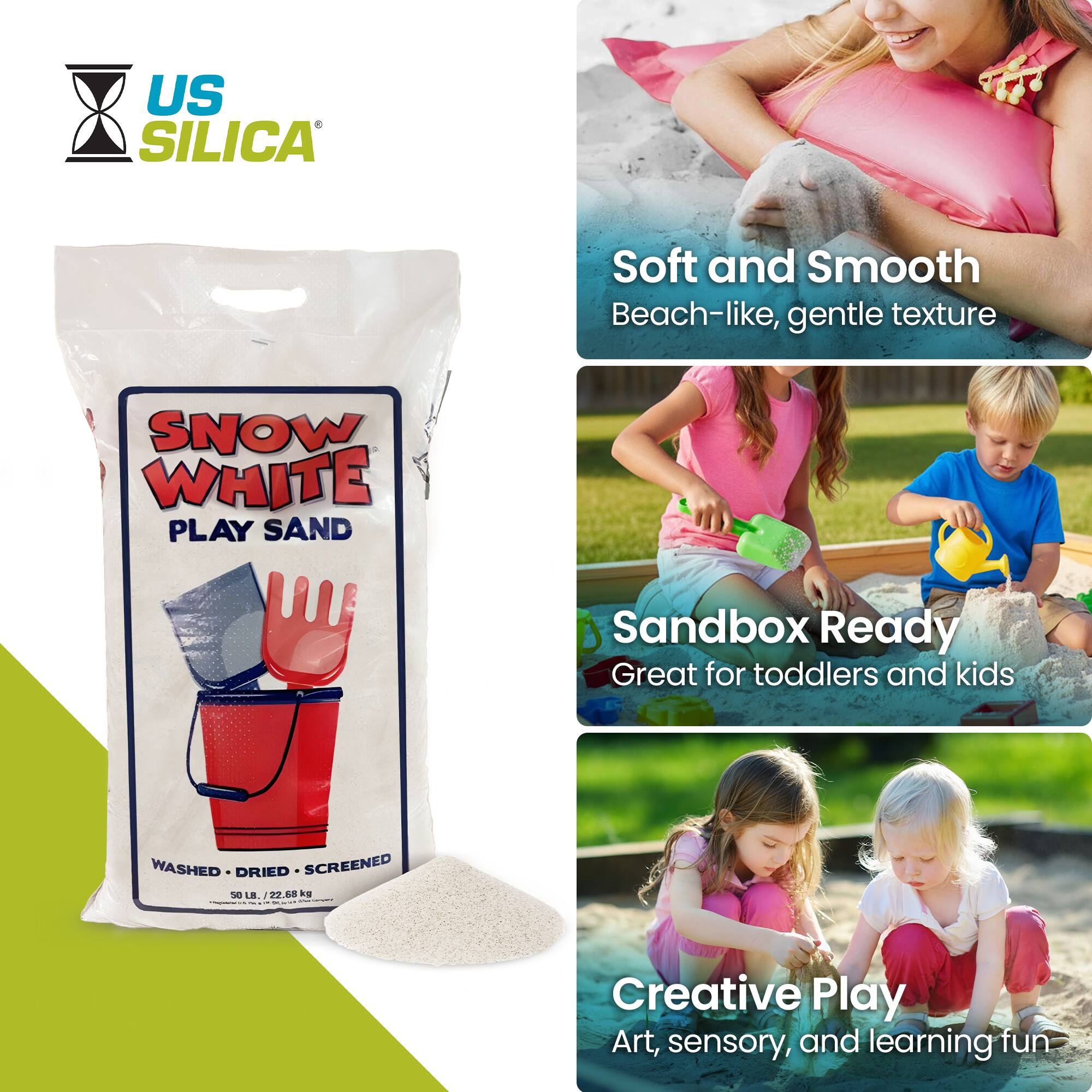US SILICA Soft and Smooth Beach-like, gentle texture SNOW WHITE PLAY SAND Sandbox Ready Great for toddlers and kids WASHED - DRIED SCREENED SO. 22.88 kg | Creative Play Art, sensory, and learning fun