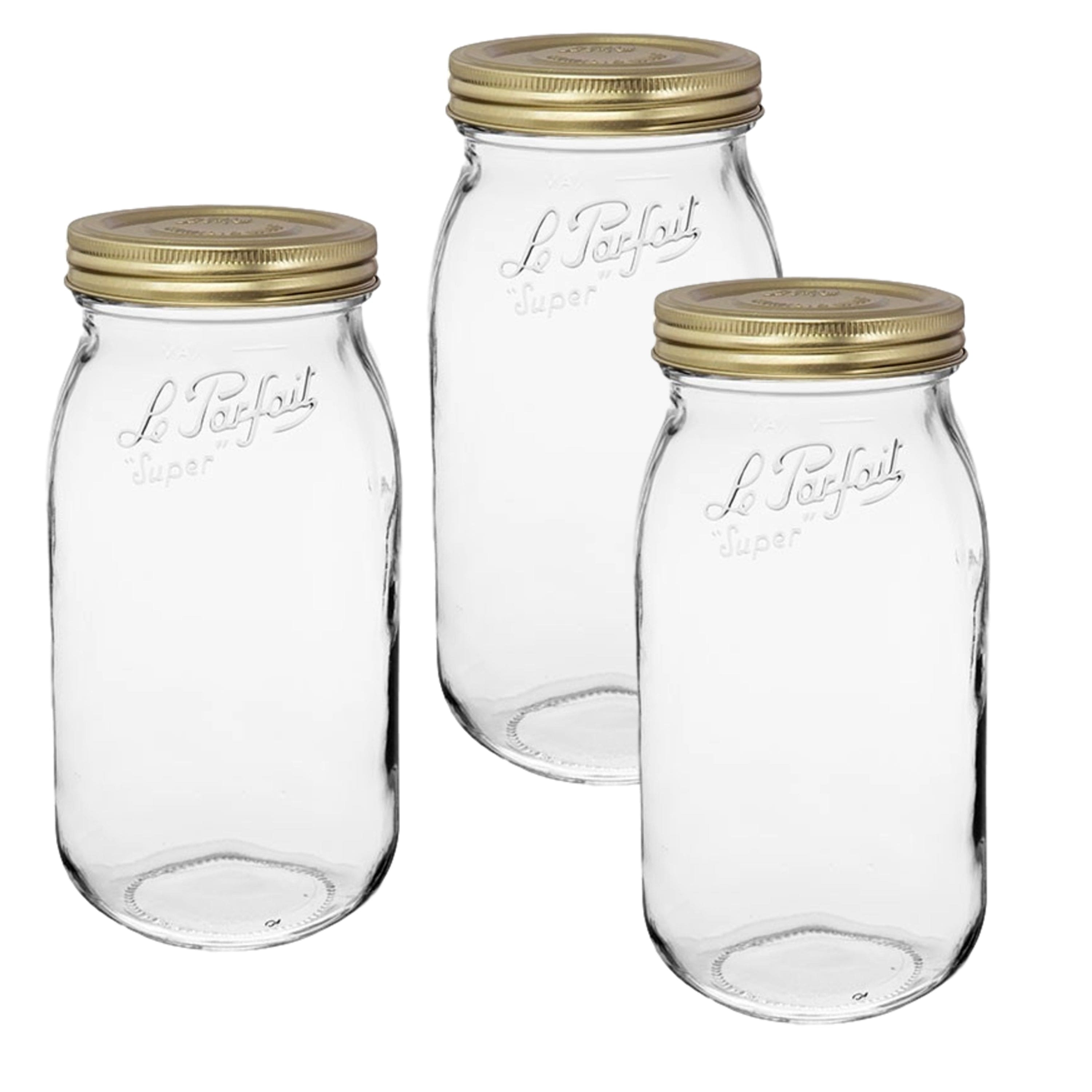 Le Parfait - Screw Top Jar - 2L Wide Mouth French Glass Canning Jar w/ 2-Piece Gold Lid, 64oz/2 Quarts (Pack of 3)