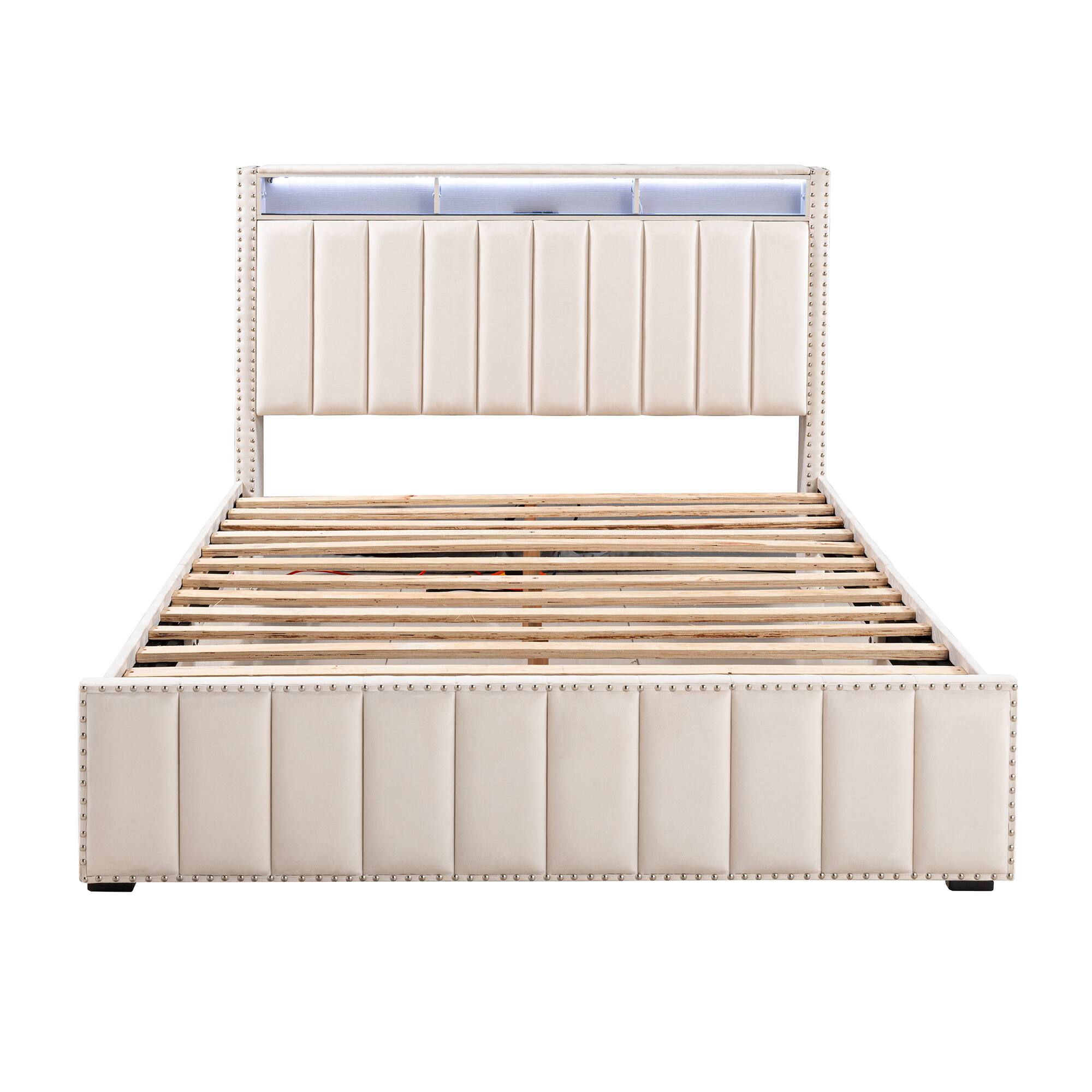 Alt View 1. Parrot Uncle - Contemporary Velvet Platform Bed With LED Lights and Nailhead Trim - Beige.