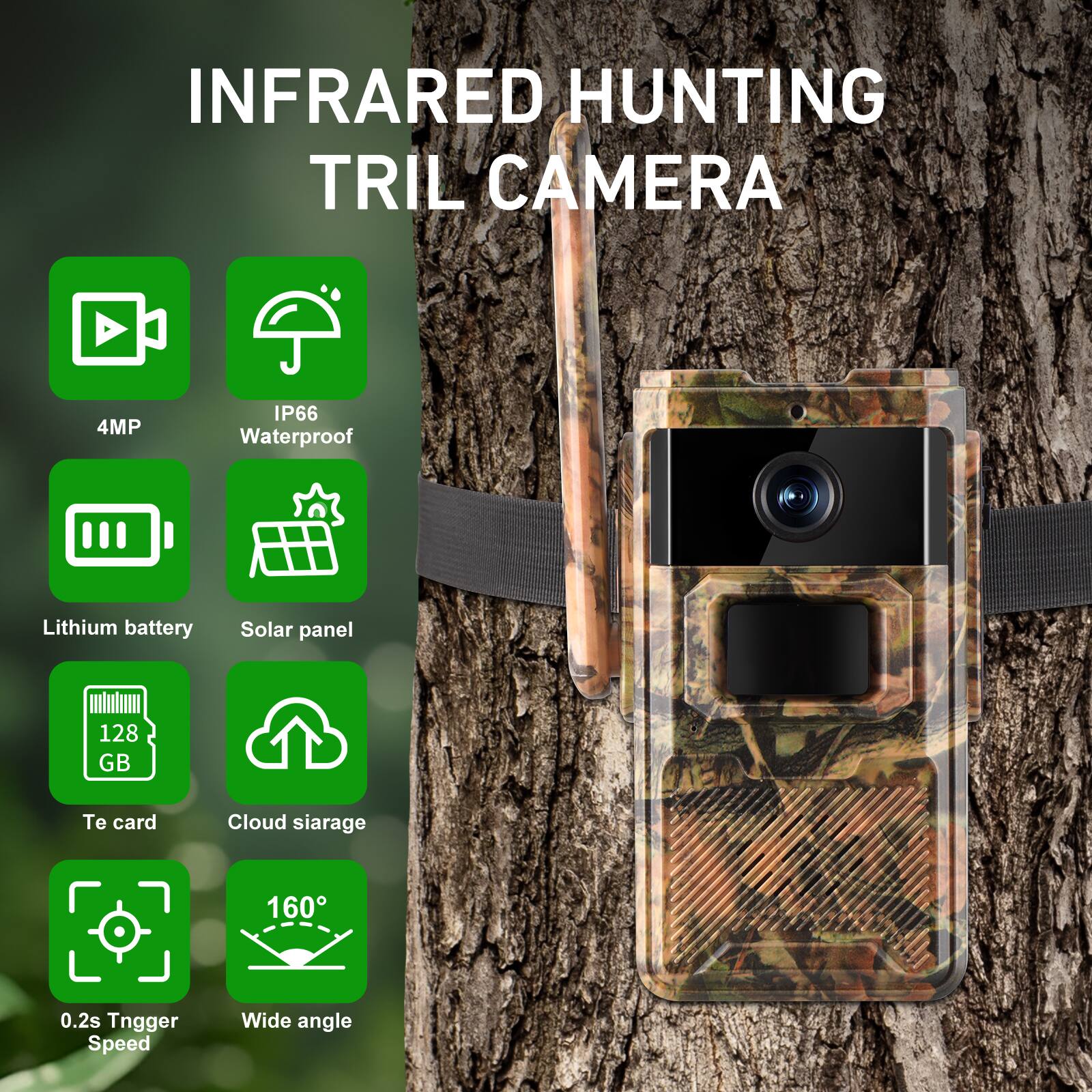 INFRARED HUNTING TRIL CAMERA

- 4MP
- IP66 Waterproof
- Lithium battery
- Solar panel
- 128 GB Te card
- Cloud siarage
- 160° Wide angle
- 0.2s Trigger Speed