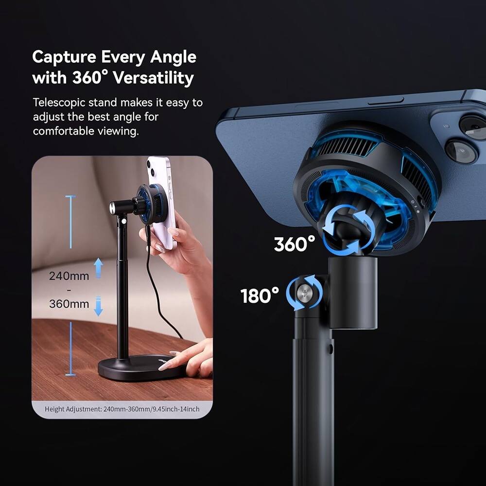 Capture Every Angle with 360° Versatility

Telescopic stand makes it easy to adjust the best angle for comfortable viewing.

Height Adjustment: 240mm-360mm/9.45inch-14inch

360°

180°