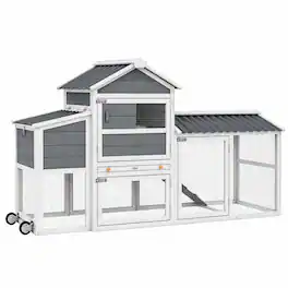 RYHNUYNE - Wooden Chicken Coop with Wheels, 79.5 in Outdoor Hen House, 12.3 sq ft Run, Nesting Box, Pull-Out Tray, Gray
