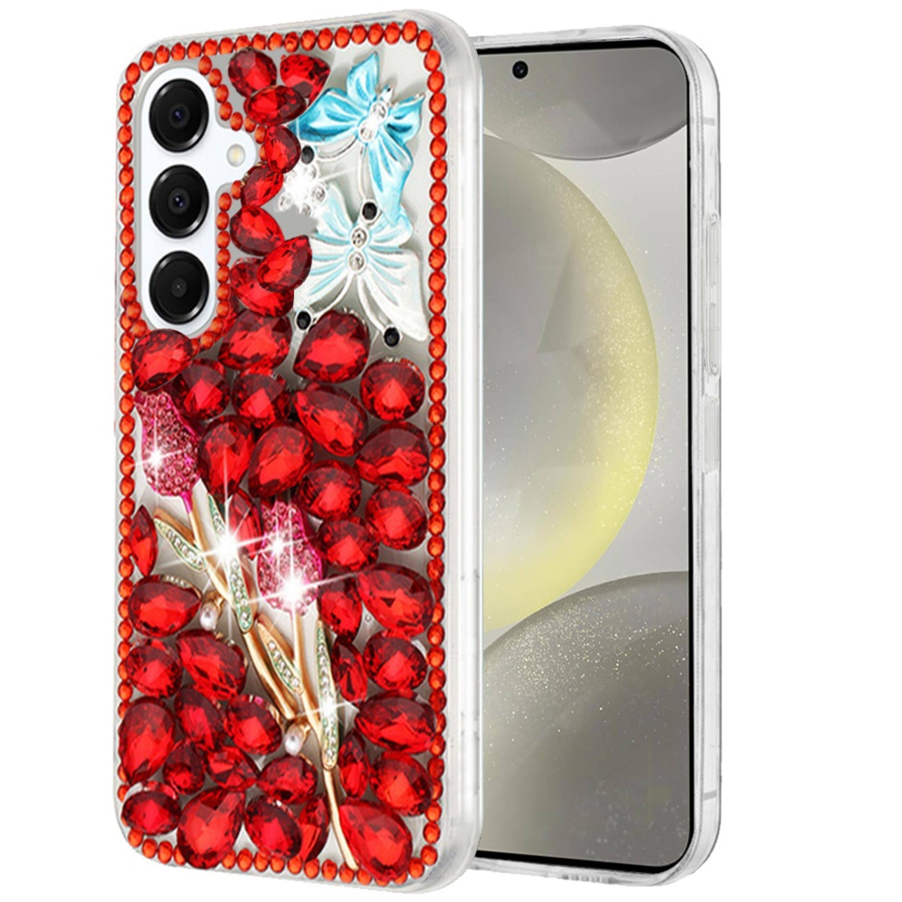 Angle. Kitcheniva - Full Diamond Bling Cover 3D Jewels Plus Tempered Glass For Samsung  S25/S24 Red Exquisite Garden - Multicolor.