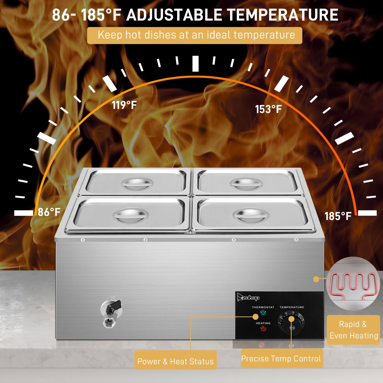 86-185°F ADJUSTABLE TEMPERATURE  
Keep hot dishes at an ideal temperature

119°F  
153°F  
86°F  
185°F

Rapid & Even Heating  
Power & Heat Status  
Precise Temp Control