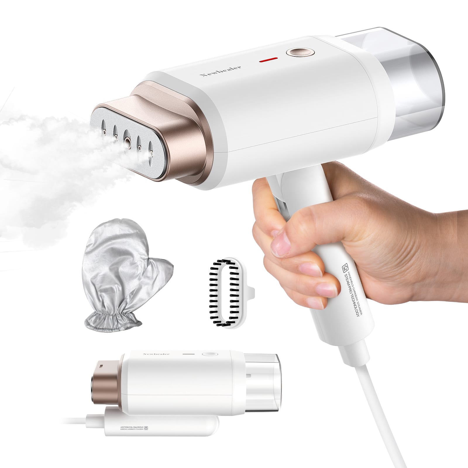 Newbealer - 1200W Handheld Garment Steamer,2 Steam Levels&Dry Ironing ,180mL Detachable Water Tank,Foldable Design - Gold