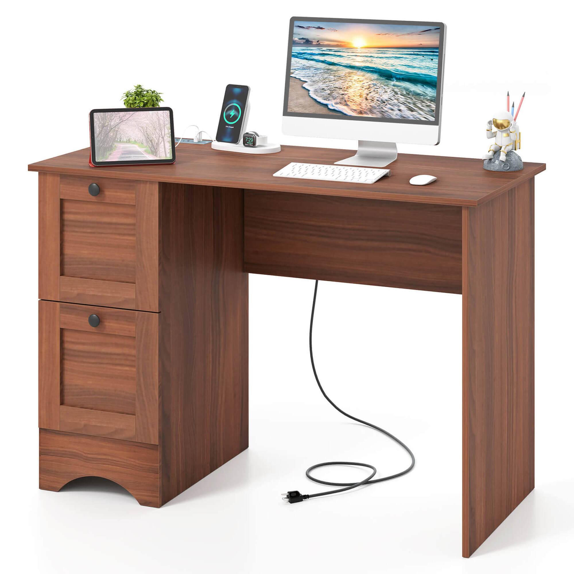 Costway - 43" Home Office Desk with Charging Station Compact Study Writing Desk - Walnut