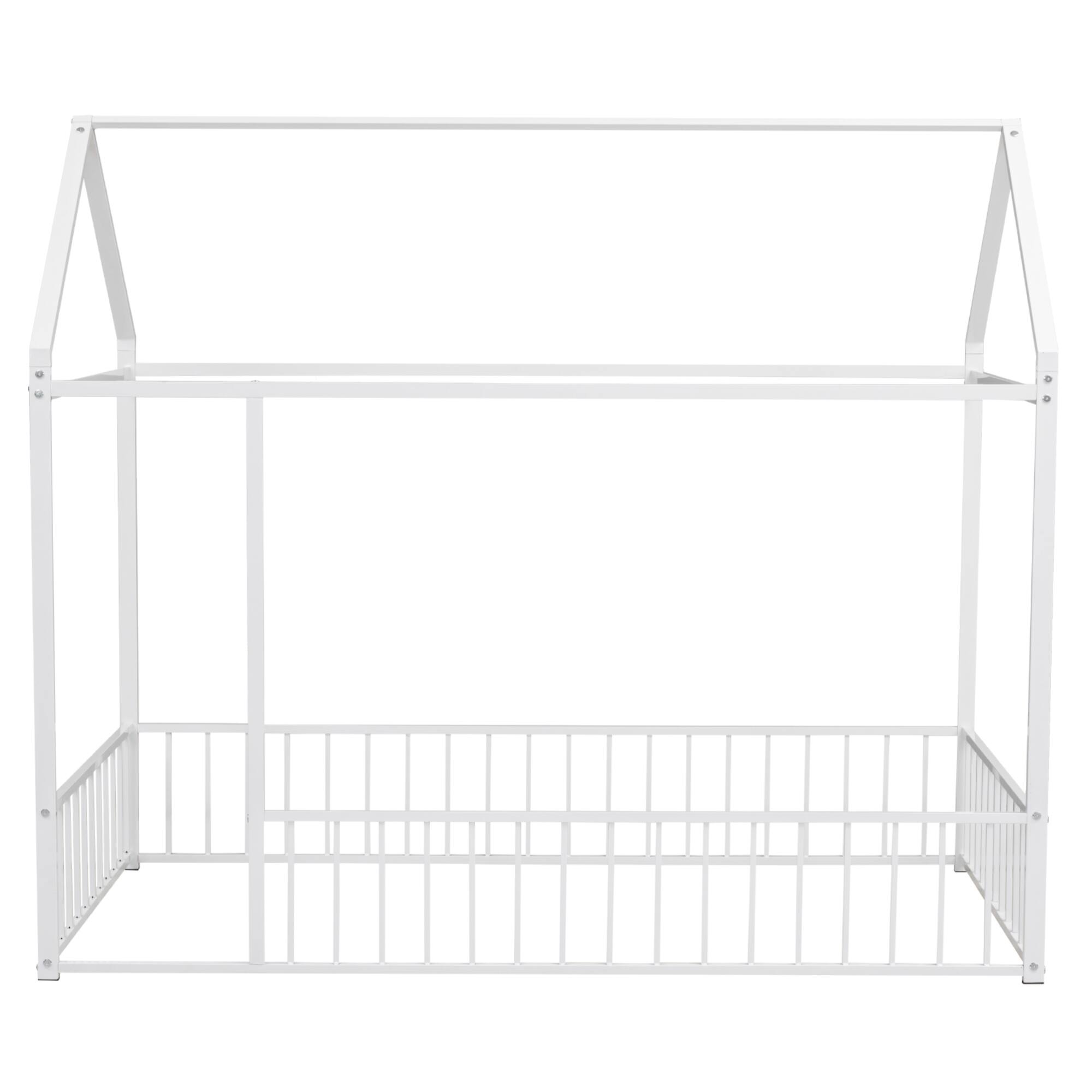 Left. GOODSILO - Twin Size Playhouse Bed Frame with Safety Fence for Kids and Teens - Sturdy Metal Construction - White.