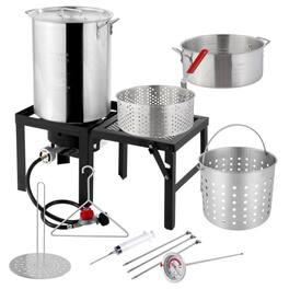Winado - 4PCS 30QT Turkey Fryer 10QT Fish Fryer with Propane Burner Stand, Deep Pot Thermometer Turkey Rack Lifter for Outdoor - Silver