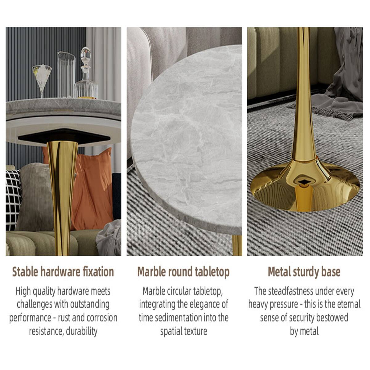 Stable hardware fixation  
High quality hardware meets challenges with outstanding performance - rust and corrosion resistance, durability

Marble round tabletop  
Marble circular tabletop, integrating the elegance of time sedimentation into the spatial texture

Metal sturdy base  
The steadfastness under every heavy pressure - this is the eternal sense of security bestowed by metal