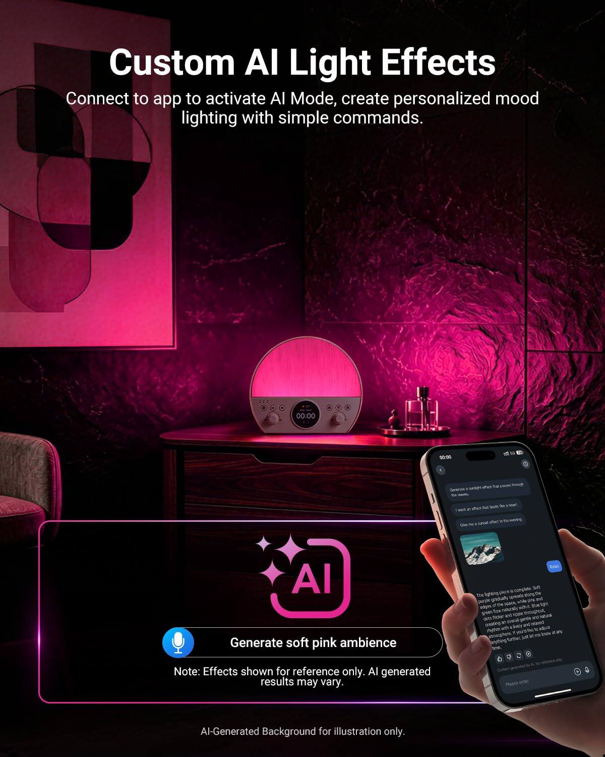 Custom AI Light Effects  
Connect to app to activate AI Mode, create personalized mood lighting with simple commands.  

00:00 4 0050 swip aan Ta - mUP - - Man e tas Te - auc . .. a Al Generate soft pink ambience  

Note: Effects shown for reference only. AI generated results may vary.  

AI-Generated Background for illustration only.