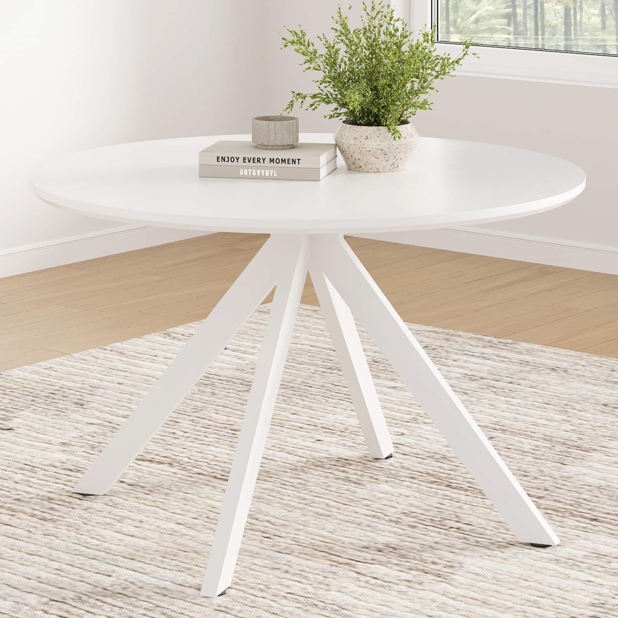 GOODSILO - Solid Wood Round Dining Table with X-Shaped Pedestal Base - Seats 4-6 People Comfortably - White