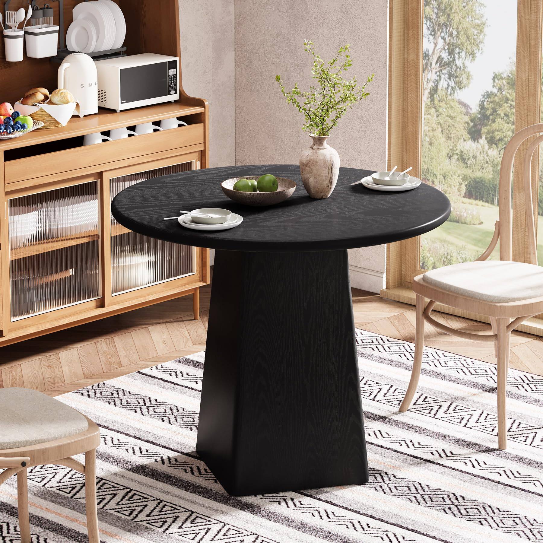 Back. Tribesigns - 31.5-Inch Round Dining Room Table for 2-4, Farmhouse Small Kitchen Dinner Table with Square Base for Dining Room Living - Black.
